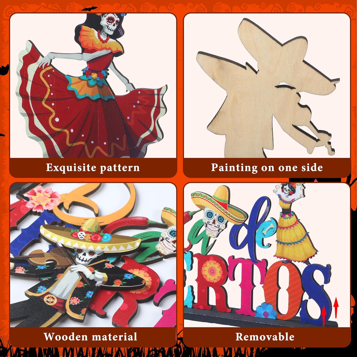 Barydat 6 Pieces Day of The Dead Table Decorations Dia De Los Muertos Decor Wooden Sugar Skull Couple Desk Centerpieces for Halloween Mexican Fiesta Carnival Party Decoration Supplies