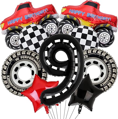 Decoraciones de fiesta de camión monstruo, 9 globos de aluminio de cumpleaños de Monster Truck para camión monstruo de 9 cumpleaños, suministros de