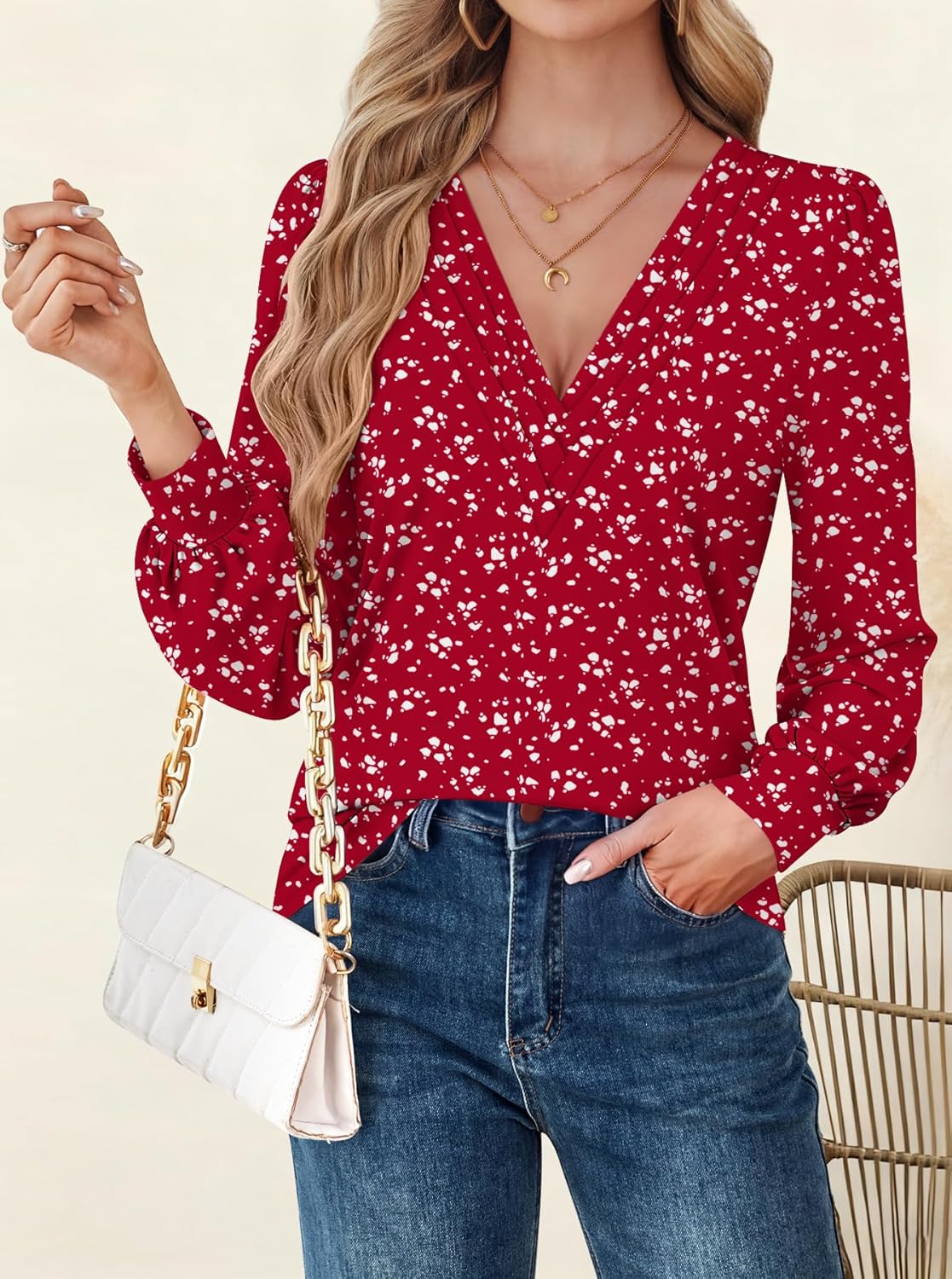 Womens Tops V Neck Dressy Casual Blouses Long Sleeve Shirts Business Work Blouse Pleated 2025 Trendy Tunic Top - Image 2