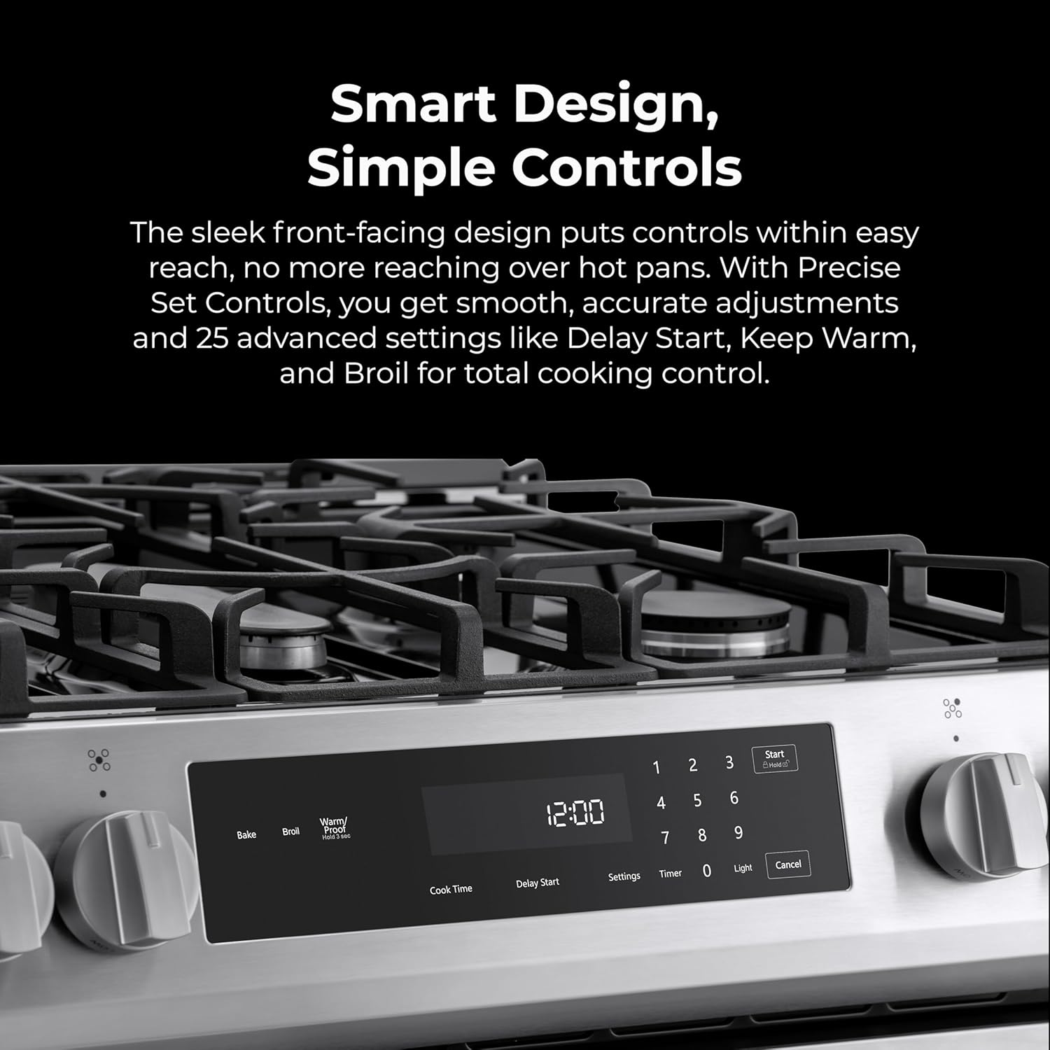 Close-up of the Kenmore gas range control panel and cooktop. The panel features digital display, numeric keypad, and buttons for Bake, Broil, Warm/Proof, Air Fry, Cook Time, Delay Start, Settings, Timer, Light, and Cancel. Five control knobs are visible for the gas burners.