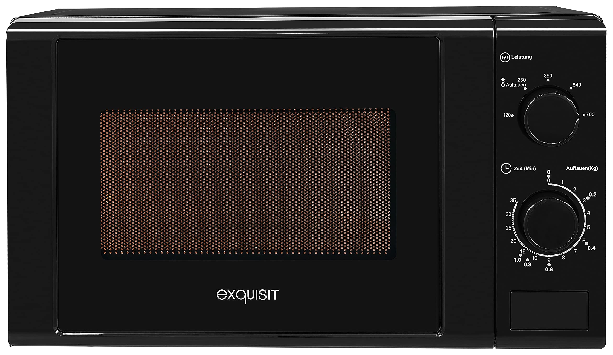 Exquisit® Mikrowelle, 20 l, 700 W, 5 Leistungsstufen, Farbe Schwarz, Innenlackierung, Schnellstart, Auftaufunktion, Teller 25,5 cm, Druckknopföffnung, Maße 25,8 x 43,9 x 32,3 cm.