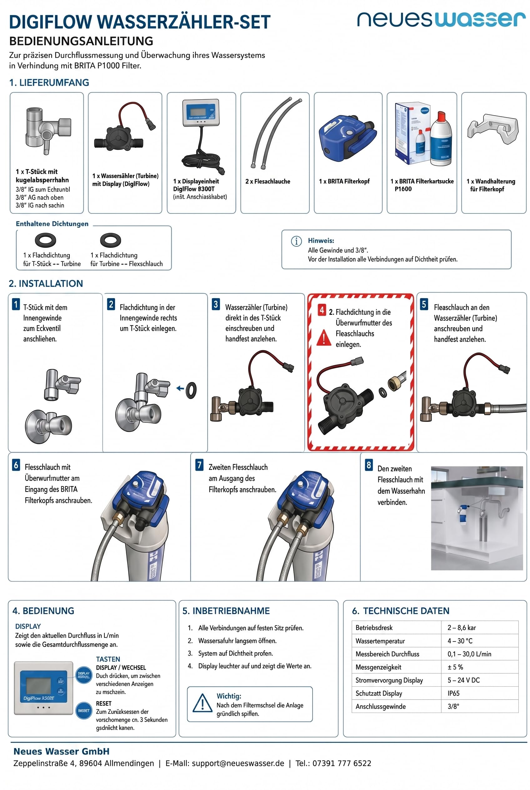 Ensemble de filtres à eau sous évier Neues Wasser - Cartouches filtrantes Brita, tête de filtre, tuyau flexible, adaptateur de valve, indicateur de changement de filtre d'horloge à eau Digiflow