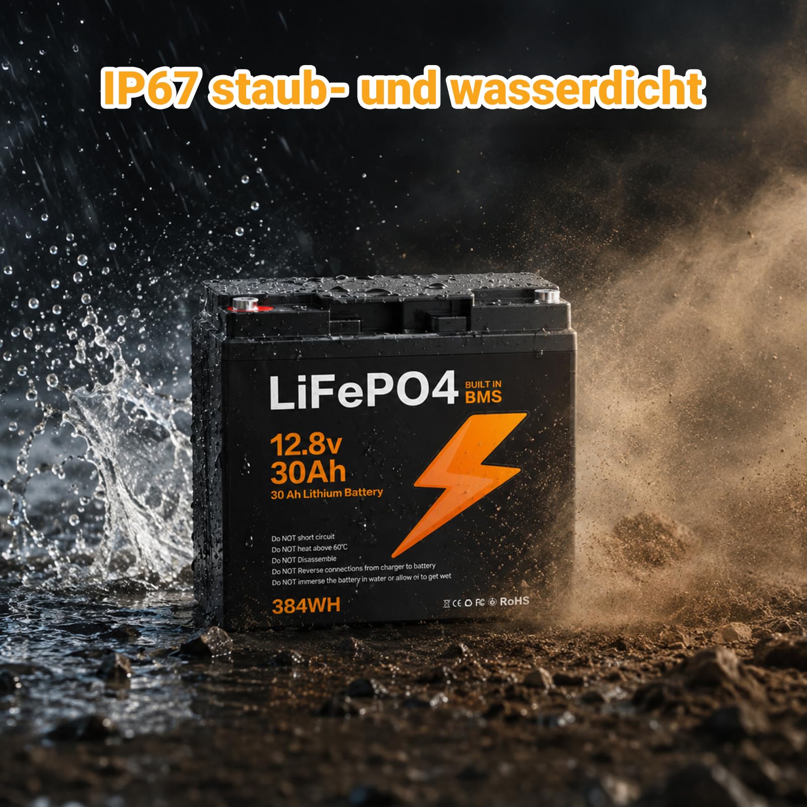 12,8V 30Ah LiFePO4 Batterie 384Wh mit integriertem BMS-Schutz | LiFePO4 Lithium Batterie mit BMS-Schutz, passend für Solaranlagen, Camping-, Boots- und Wohnwagengeräte
