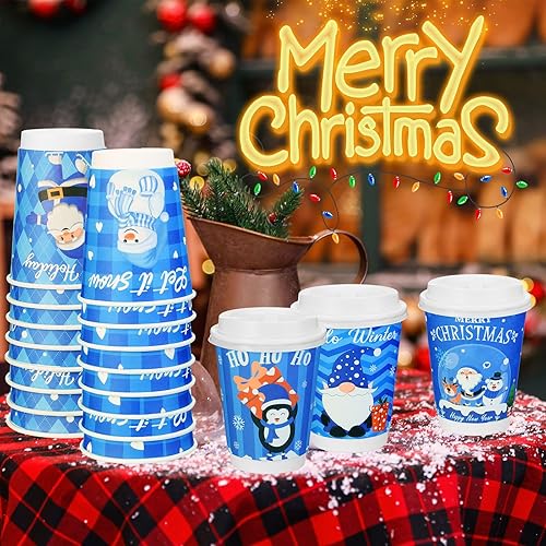 Miniatura 5 de Paquete de 100 vasos de papel de 12 onzas con tapas, vasos de papel desechables de Navidad, tazas de papel desechables para fiesta de cacao