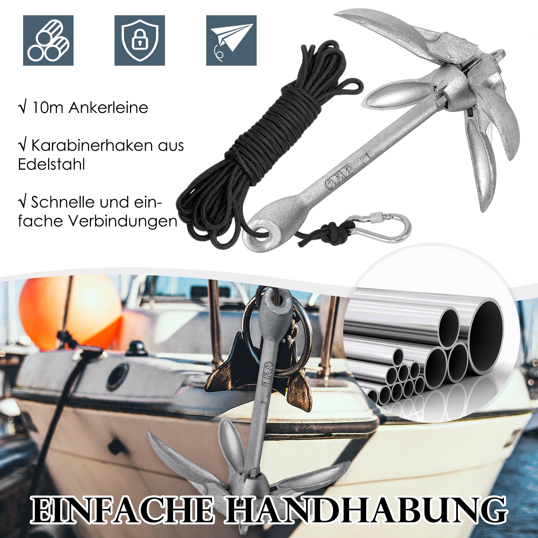 UISEBRT Bootsanker Verzinkt Anker Klappanker Faltklappanker Ankerset mit Karabiner, 10 Meter Ankerleine, Ankerboje und Transportbeutel, Faltanker für Boot, SUP, Kajak, Schlauchboot