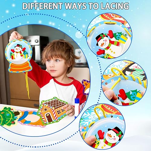 Miniatura 3 de Tarjetas de encaje de animales de invierno, 12 paquetes de kits de costura para niños, tarjetas de costura de cartón de Navidad, juegos de cordones