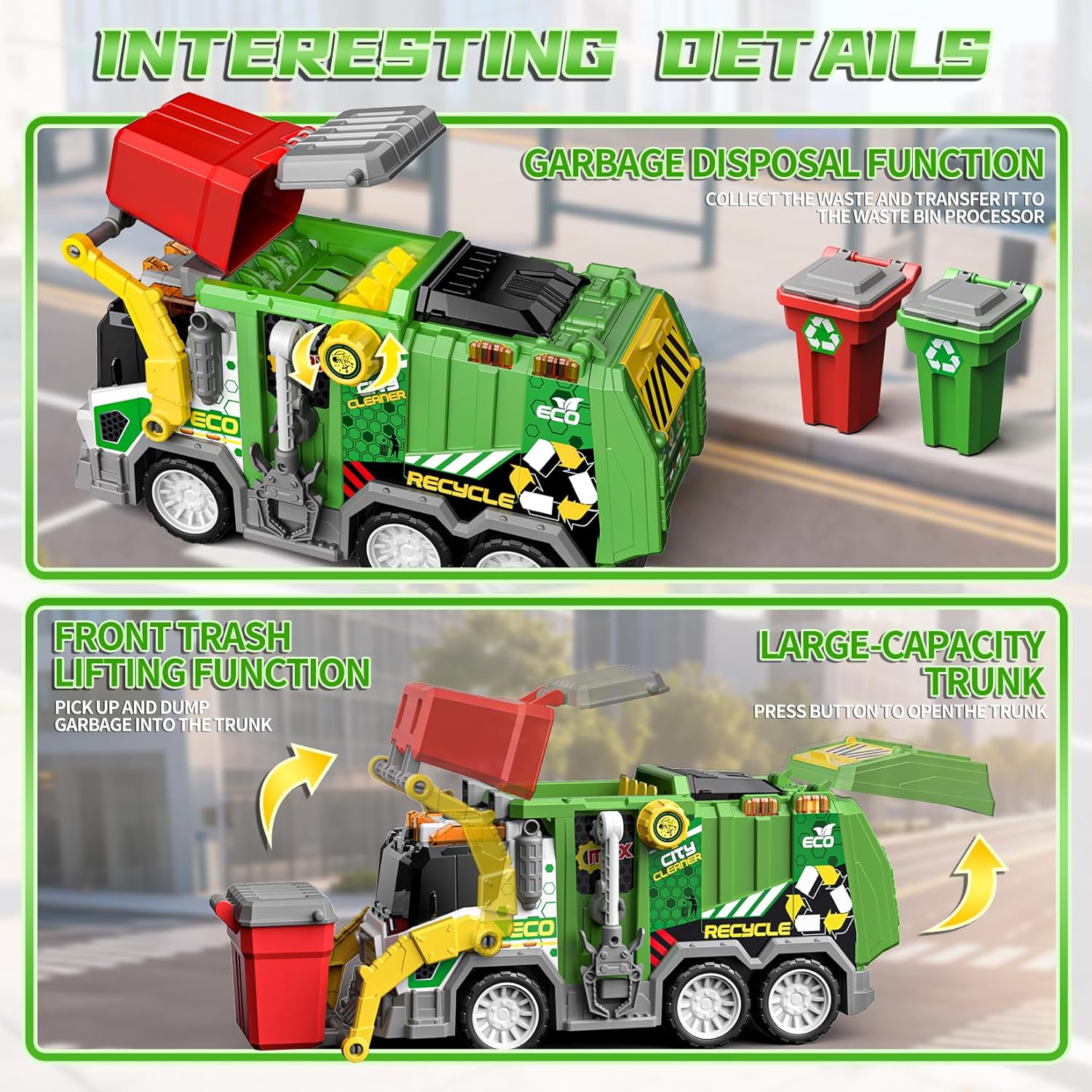 Large Friction Powered Garbage Truck Toy Set with Light & Sound - ECO City Cleaner with Recycle Dumpster, 4 Color-Coded Trash Bins & 2 Ejection Cars, Ideal Birthdays for Toddlers Boys Girls