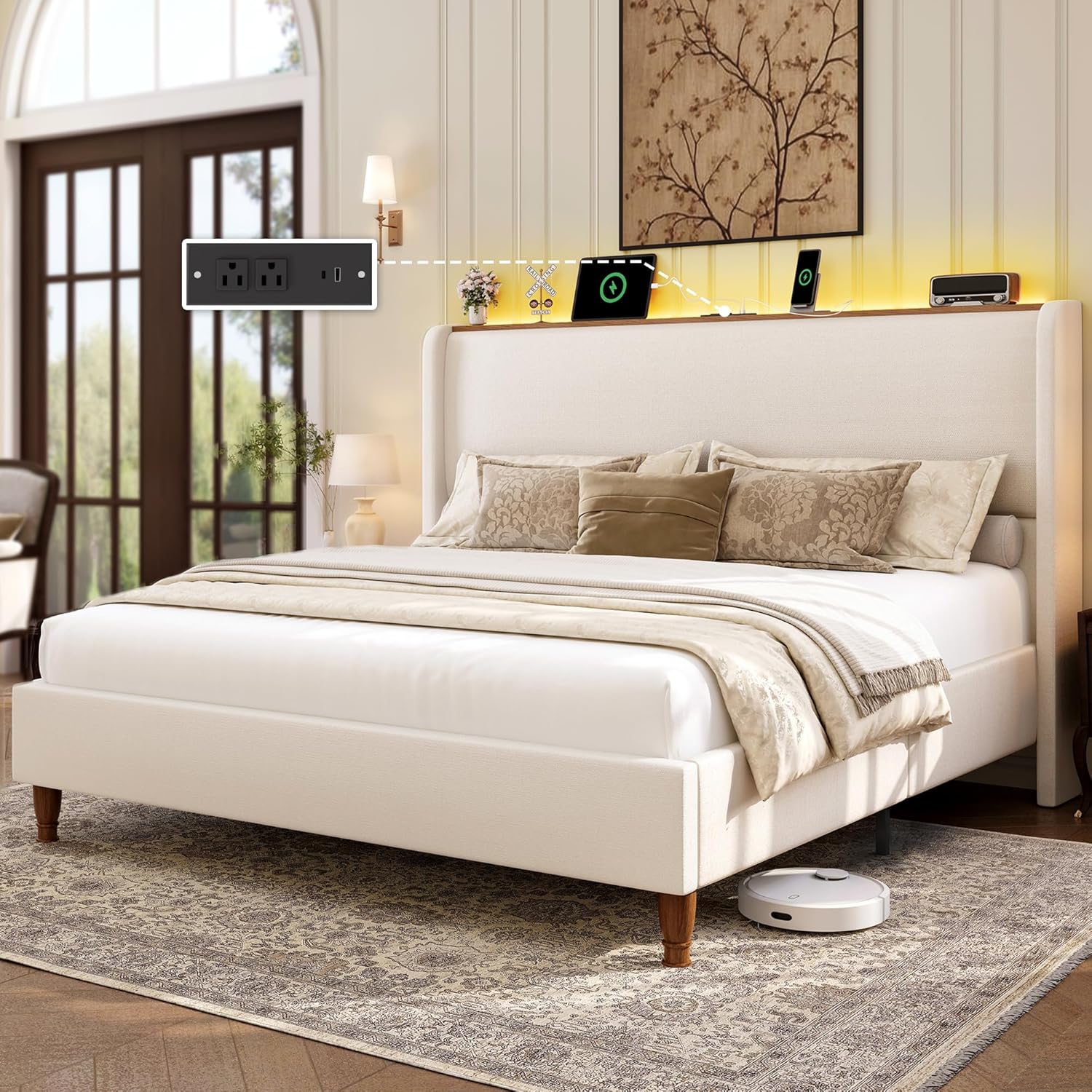LARMACE King Size Bed Frame with LED Lights and Charging Station Linen Upholstered Platform Bed Frame with 51.2" Tall Wingback Headboard and Storage Shelf, No Box Spring Needed, Easy Assembly, Beige King Beige