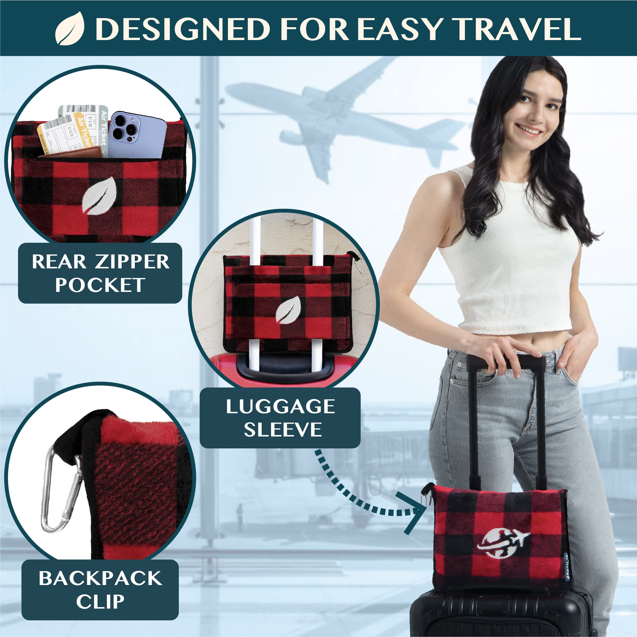PAVILIA Coperta da viaggio e cuscino, coperta per aereo, per adulti, compatta, con foro per il braccio, borsa 2 in 1 per aereo, auto, campeggio, bagaglio, zaino, regalo da viaggiatore, rosso a scacchi