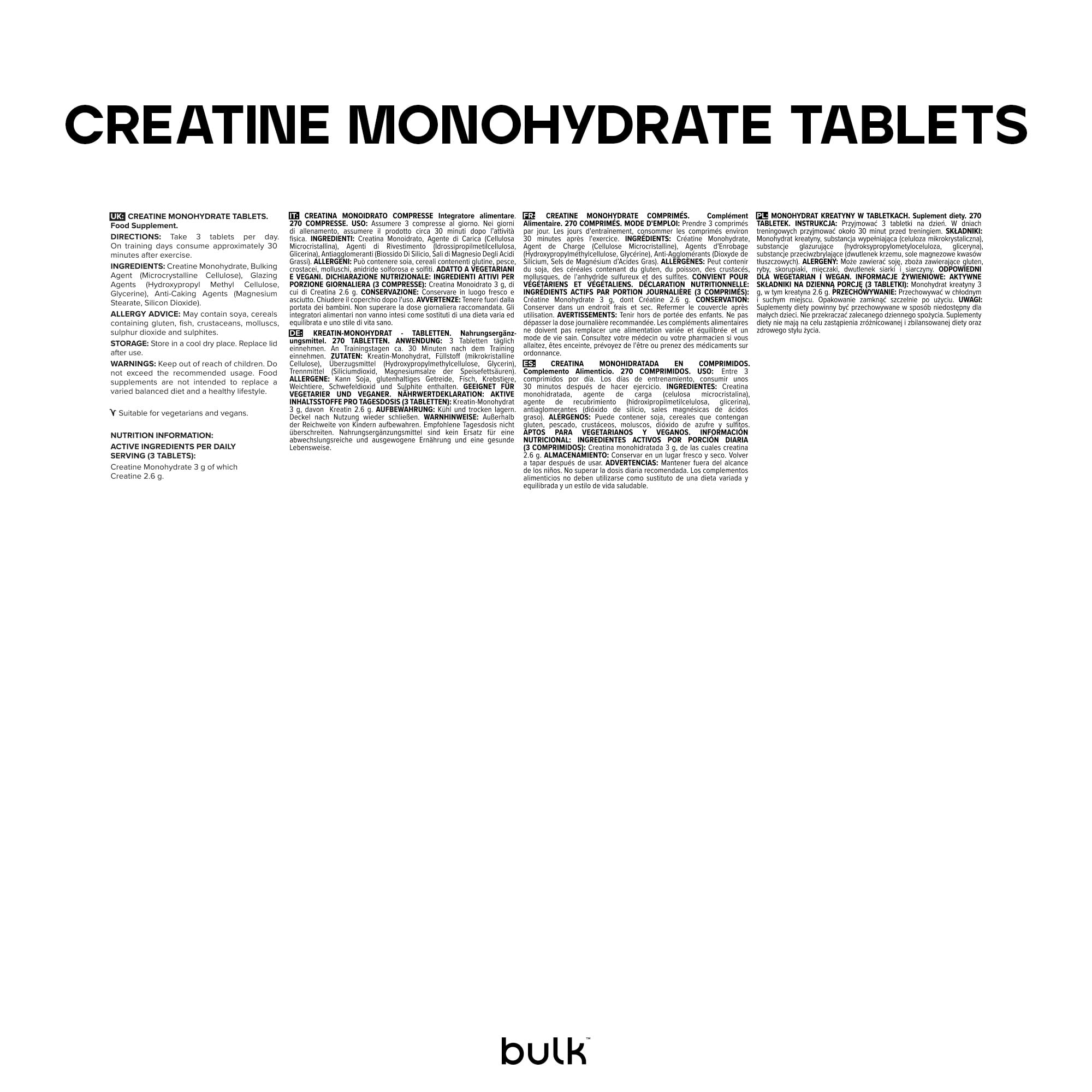 Bulk Creatine Monohydrate Tablets, 1000 mg, Pack of 270, Packaging May Vary, 90 Porzioni