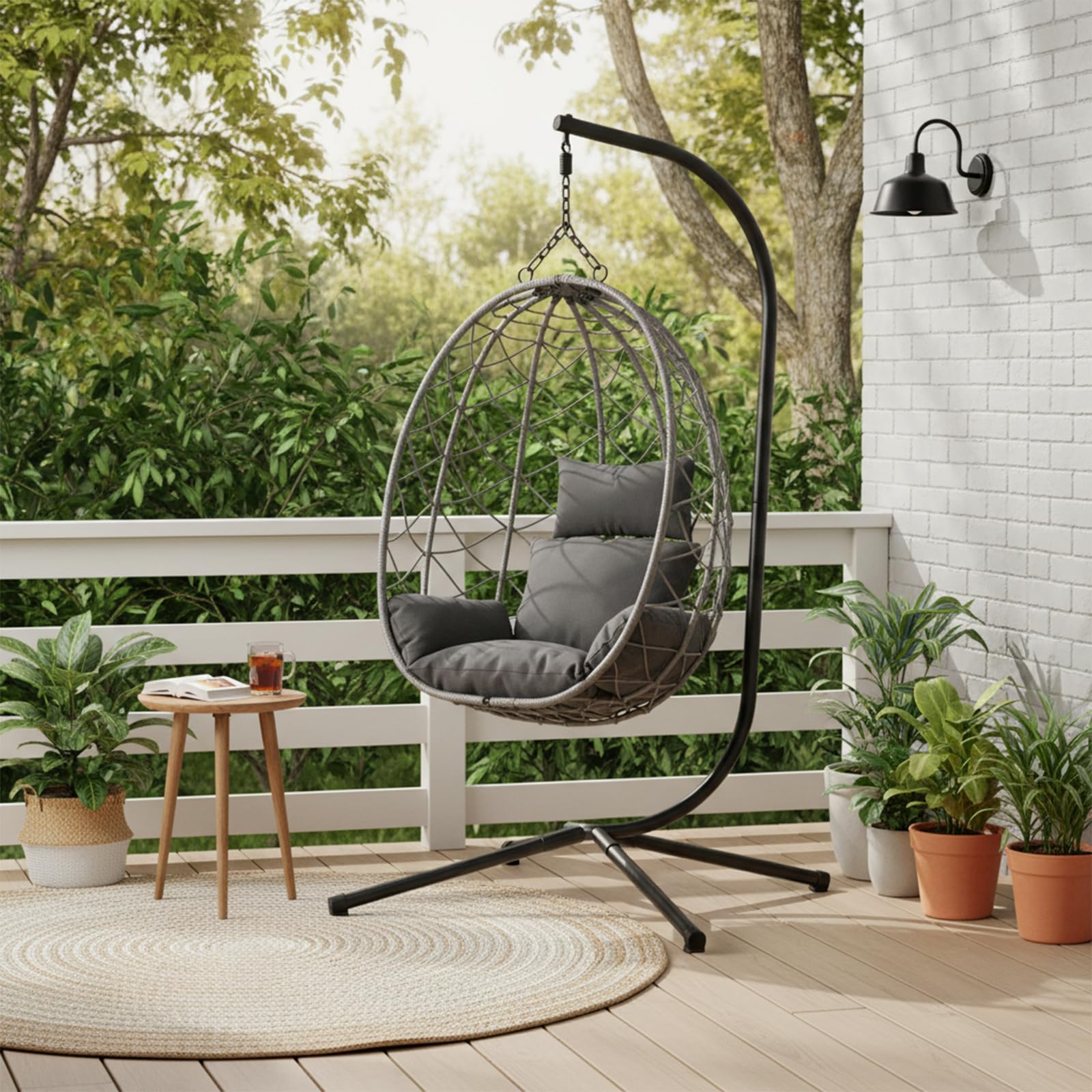 Hängesessel mit Gestell bis 150kg,Inkl. Kissen,Outdoor und Indoor Hängematte,Kinder & Erwachsene Egg Chair,Relax-Stuhl für Wohnzimmer, Balkon,Garten,Terasse,Kinderzimmer,Grau