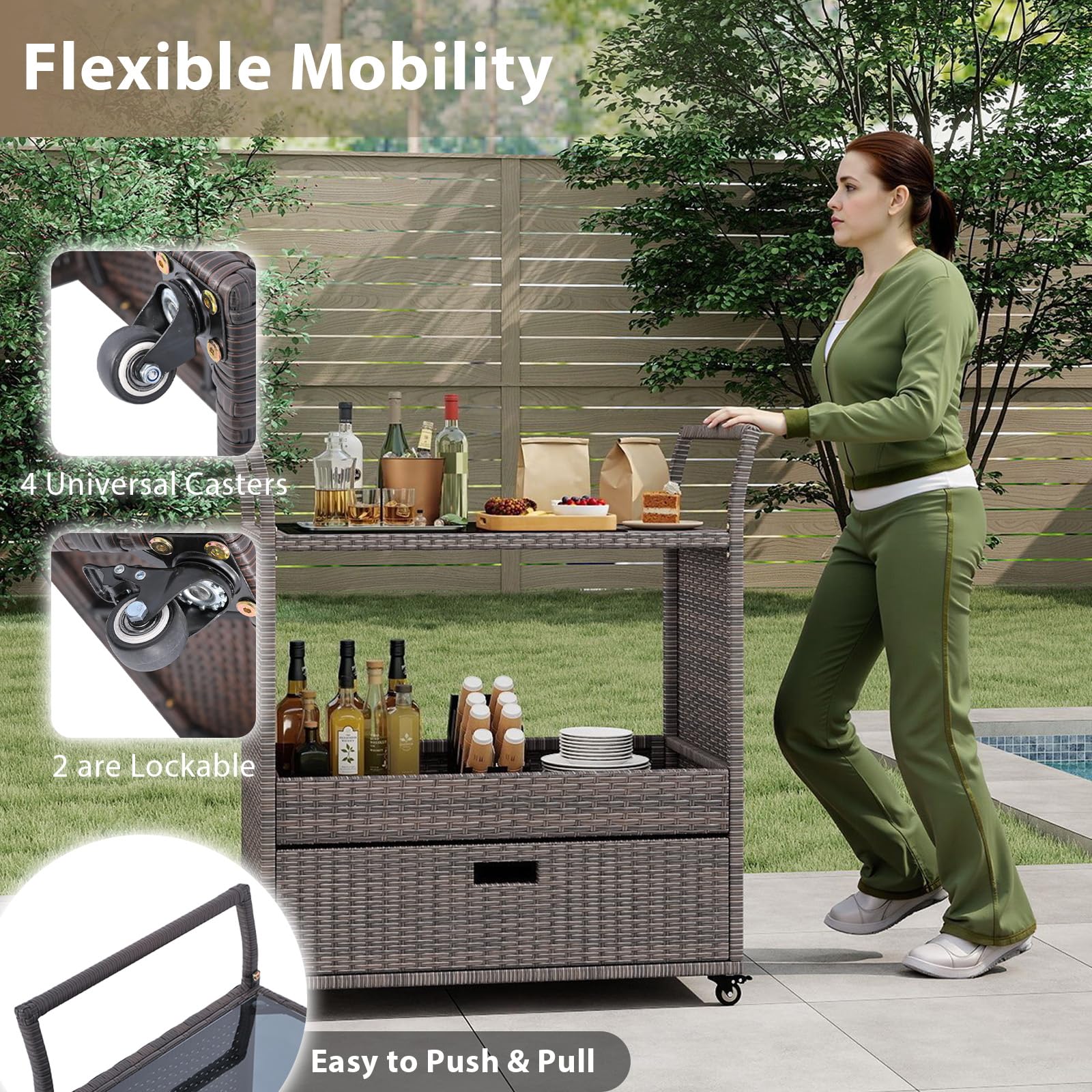 GIANTEX Chariot de bar d'extérieur avec roues, chariot de service en rotin avec étagère en verre trempé, étagère de rangement et tiroir amovible pour véranda, jardin et bord de piscine