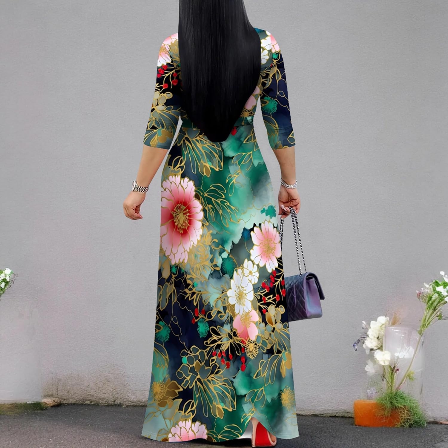 Women's Floral Print Maxi Dresses Plus Size 3/4 Sleeves Flowy Long Dress V Neck Sundress with Belted(Floral7 2XL) - Image 6