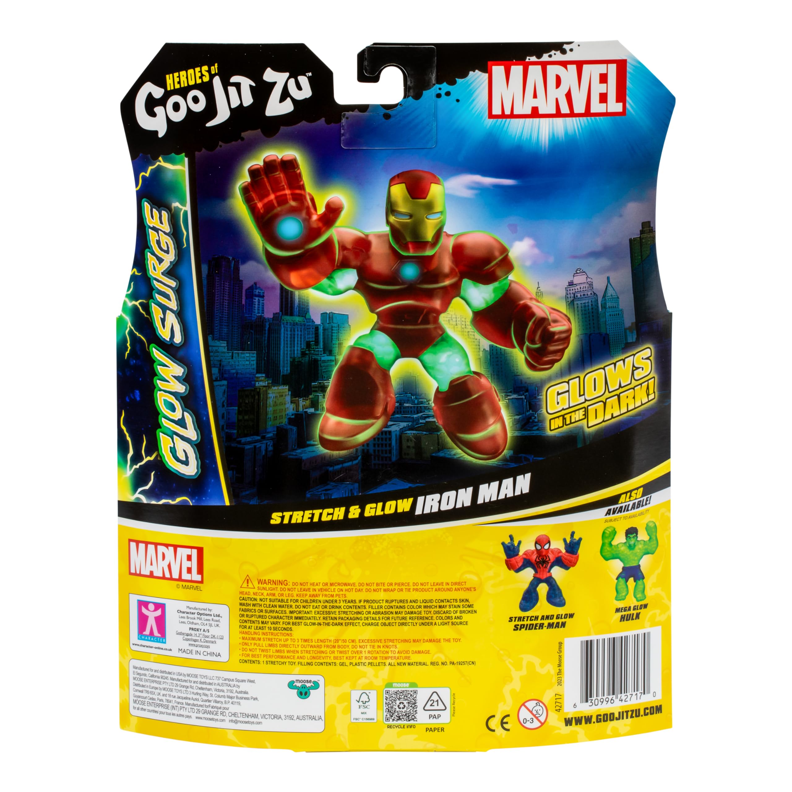 Heroes of Goo Jit Zu GLOW SURGE, Stretch and Glow Iron Man, superhéroe superelástico relleno de Marvel Iron Man con el poder de brillar en la oscuridad, estirarlo 3 veces su tamaño, colecciónalos