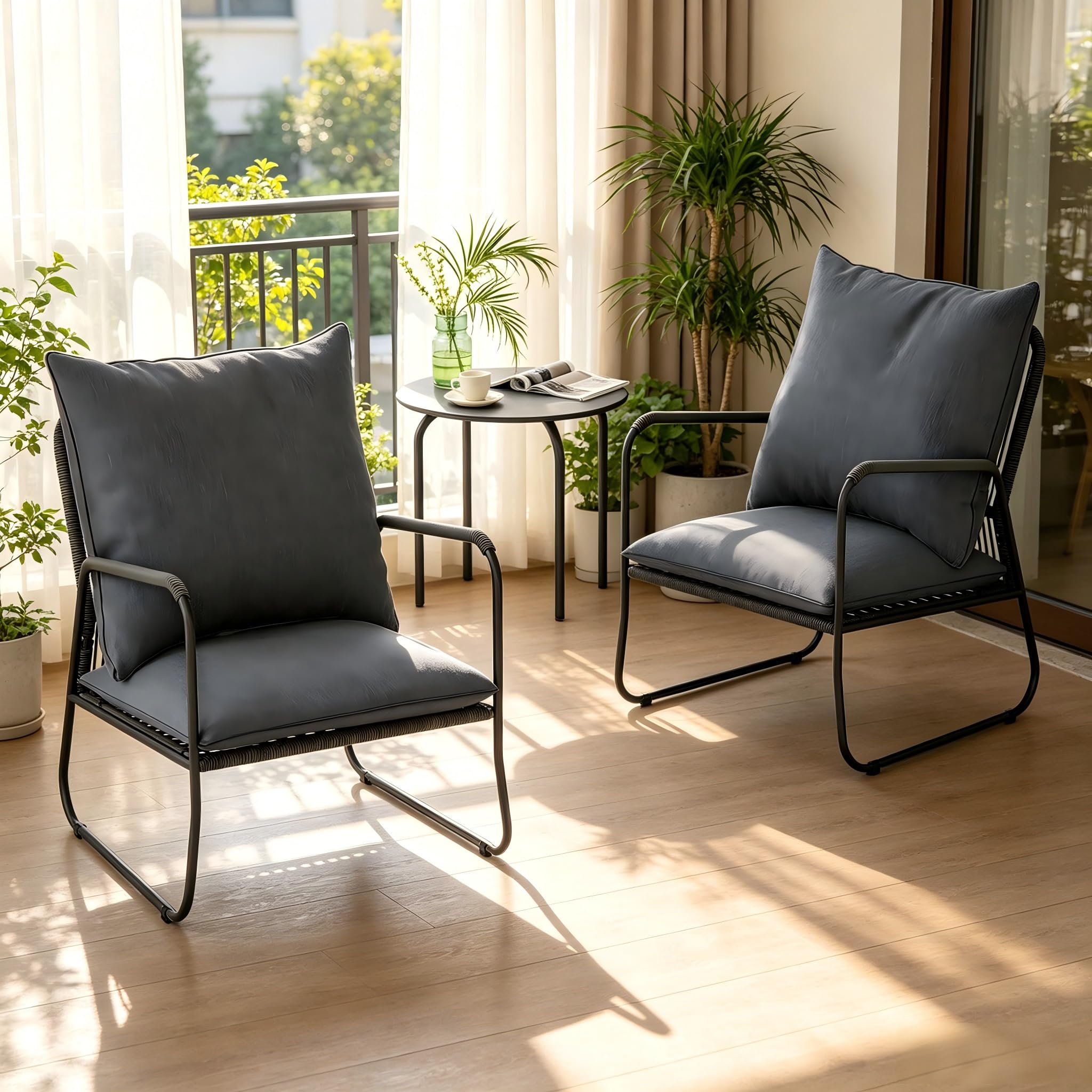ALAULM 3-teilige Garten Sitzgruppe, Atmungsaktive geflochtene PE-Rattan Gartenstühle mit Kissen & runder Metall-Couchtisch, Terrassenmöbel Set aus Rattan, Garten Lounge Set für Garten, Balkon