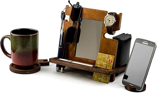 Estación de acoplamiento de teléfono de madera para hombres, cartera de madera para reloj, regalo para hombres, regalos para marido, organizador de