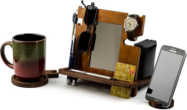 Wood Phone Docking Station for Men - Wooden Watch Wallet Stand - Gifts for Husband - Mens Nightstand Organizer - Valet Tray Charging Station - Dad Cell Phone Desk Station