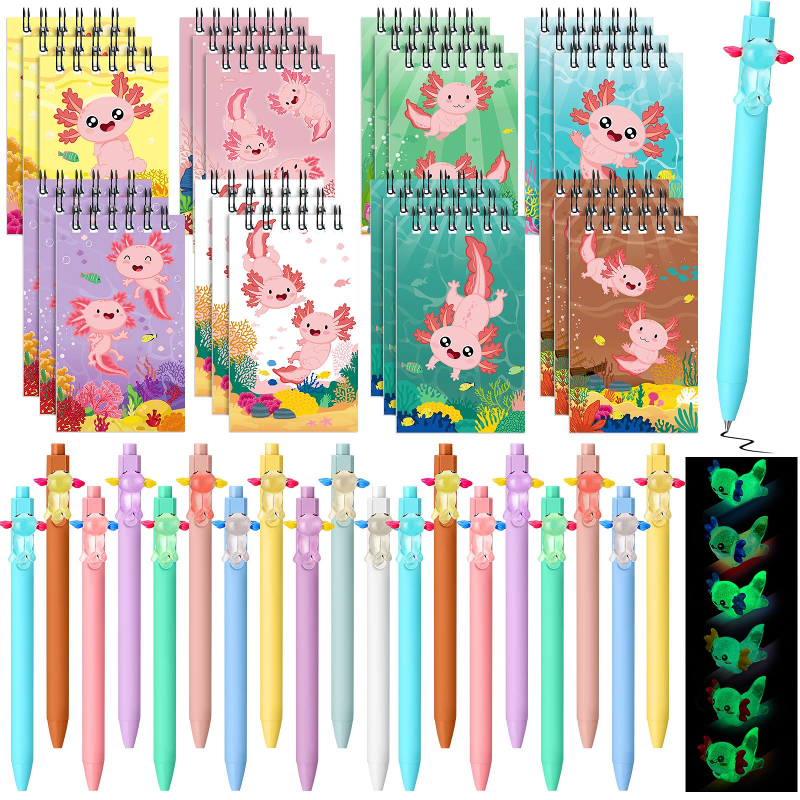 AmazingSpark Axolotl mini notebooki Axolotl Ballpoint Pens Set Cute Animal Pocket Notatniki Wysuwane Długopisy Prezent na przyjęcie urodzinowe Ulubione Torby Goodie Bag Stuffers School Classroom