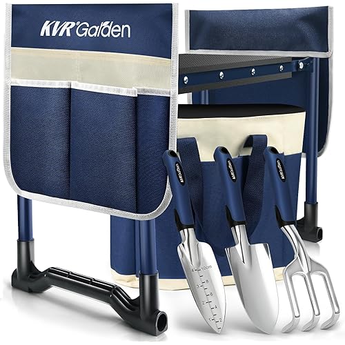 KVR Garden Kneeler and Seat Set 2025 Upgraded - Heavy Duty Foldable Bench Chair with 3 Tools & 2 Tool Pouch + Multi-Purpose Bag, Gardening Stool Gifts for Seniors, Women, Mom​