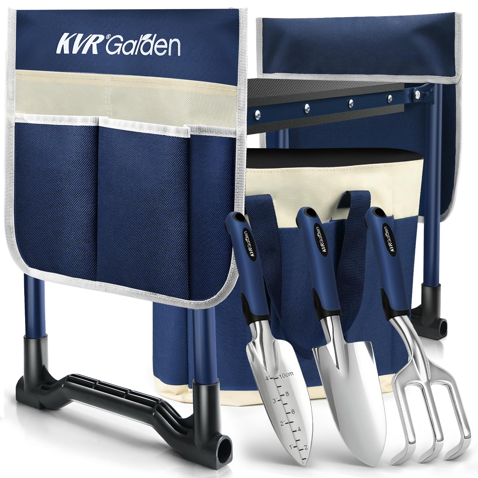 KVR Garden Kneeler and Seat Set 7-Piece Upgraded - Heavy Duty Foldable Bench & Stool with 3 Aluminum Tools, 2 Non-Slip Pouches & Tote Bag - Gardening