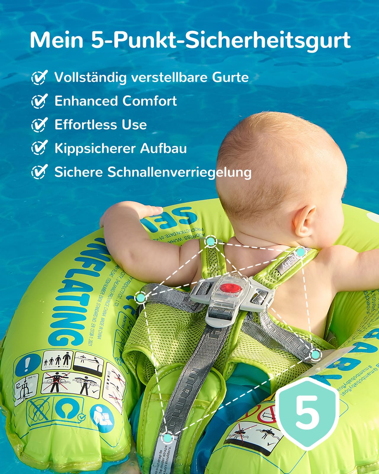 HECCEI Schwimmring Baby, Mambobaby Selbstaufblasbar Baby Schwimmhilfe Kompaktes Faltbares Design Schwimmreifen Perfekter Schwimmtrainer für Kinder von 3 bis 24 Monaten