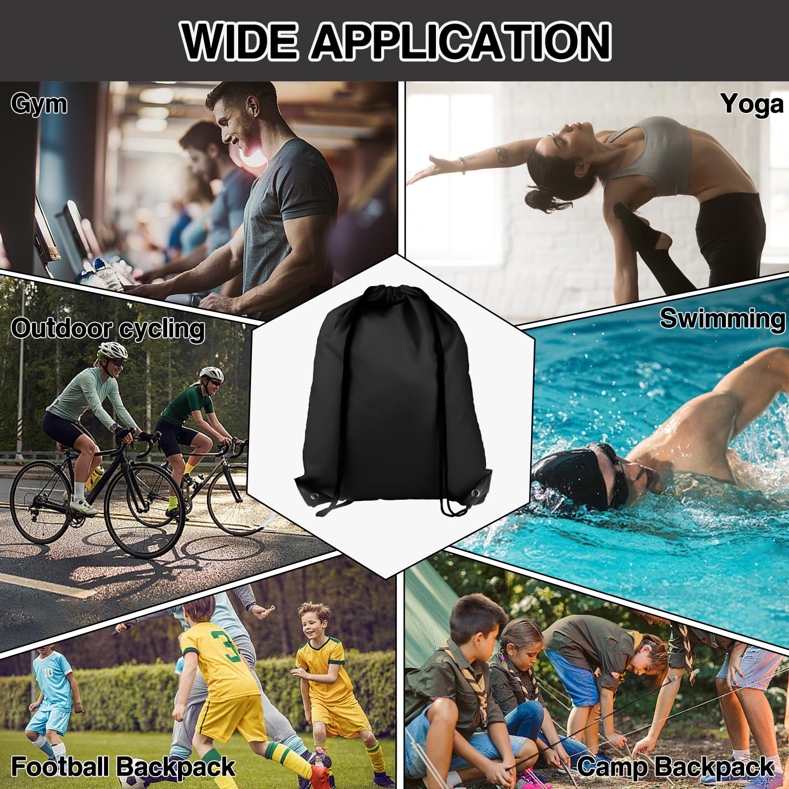 COIDEA Rucksack mit Kordelzug, Größe M, Schwarz, Sport, Fitnessstudio, Reisen, Schwimmen, Strand
