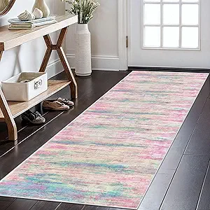 KOZYFLY Modern Abstract Runner Rug 2x6 Multi Pink Runners for Hallways Kitchen Rug Non Slip Washable Carpet Rug Runner Laundry Mat with Soft Low Pile for Entryway Bathroom Bedroom Kitchen