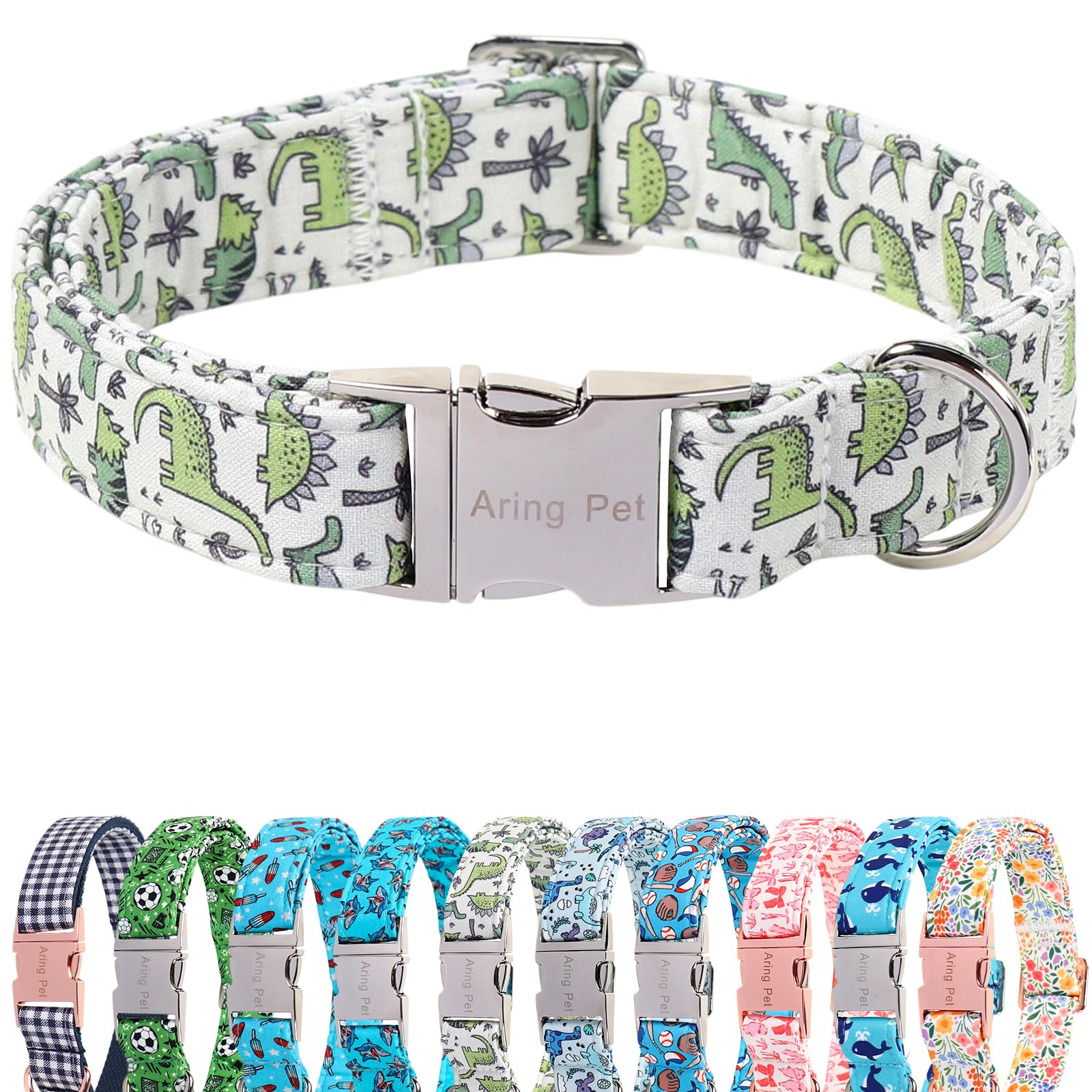 ARING PET Boy Dog Collar for Puppy Small Medium Large Dog-Green Dinosaur XS | Cute Dino Heavy Duty Pet Collars with Metal Buckle for XS S M L XL Dogs, for Daily Walk Camping Trip Outings Photoshoots
