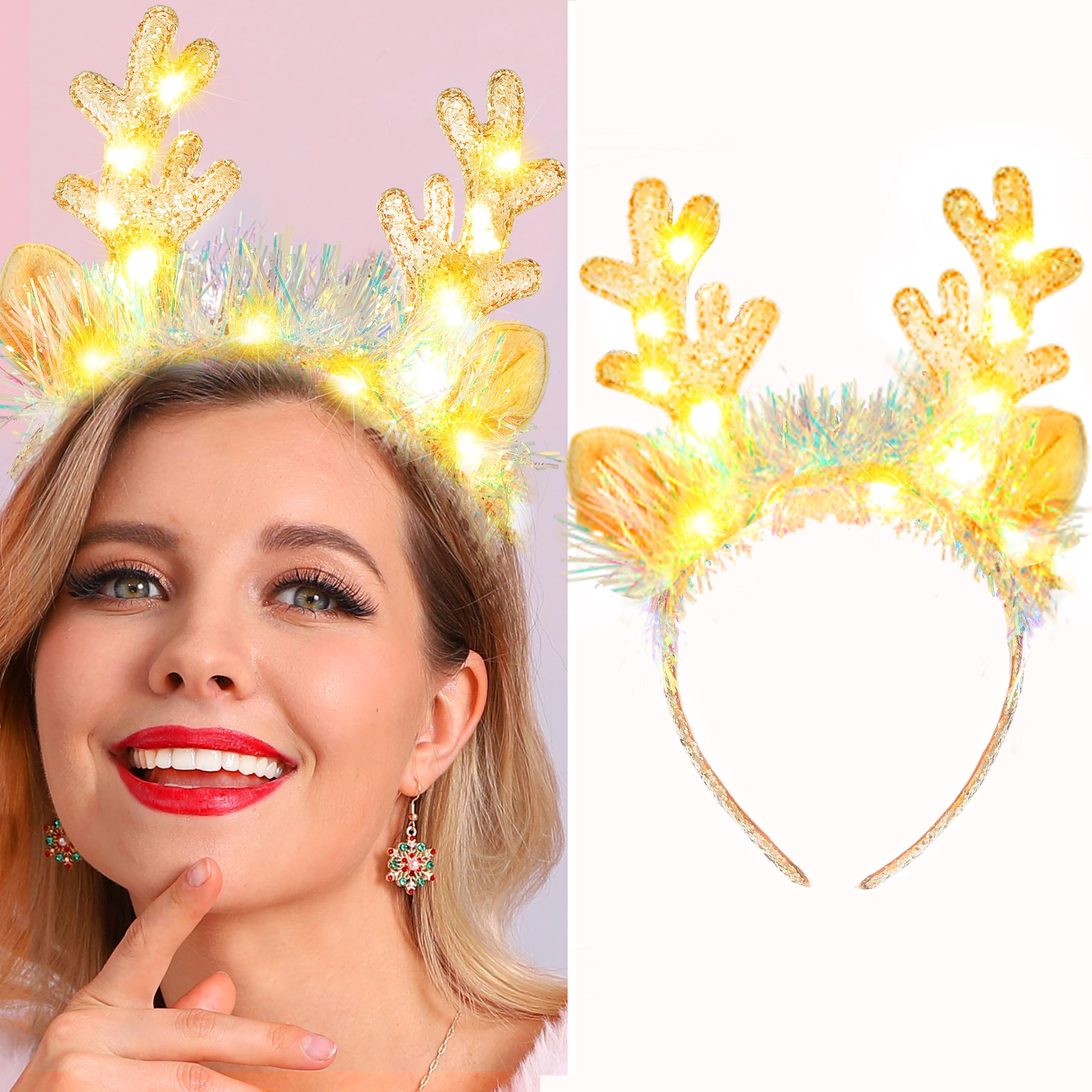 Fashband Christimas Headbands Deer Ears Headband Glitter Headpiece Hair Hoops for adults Christmas(Gold), Yellow, 5 cm