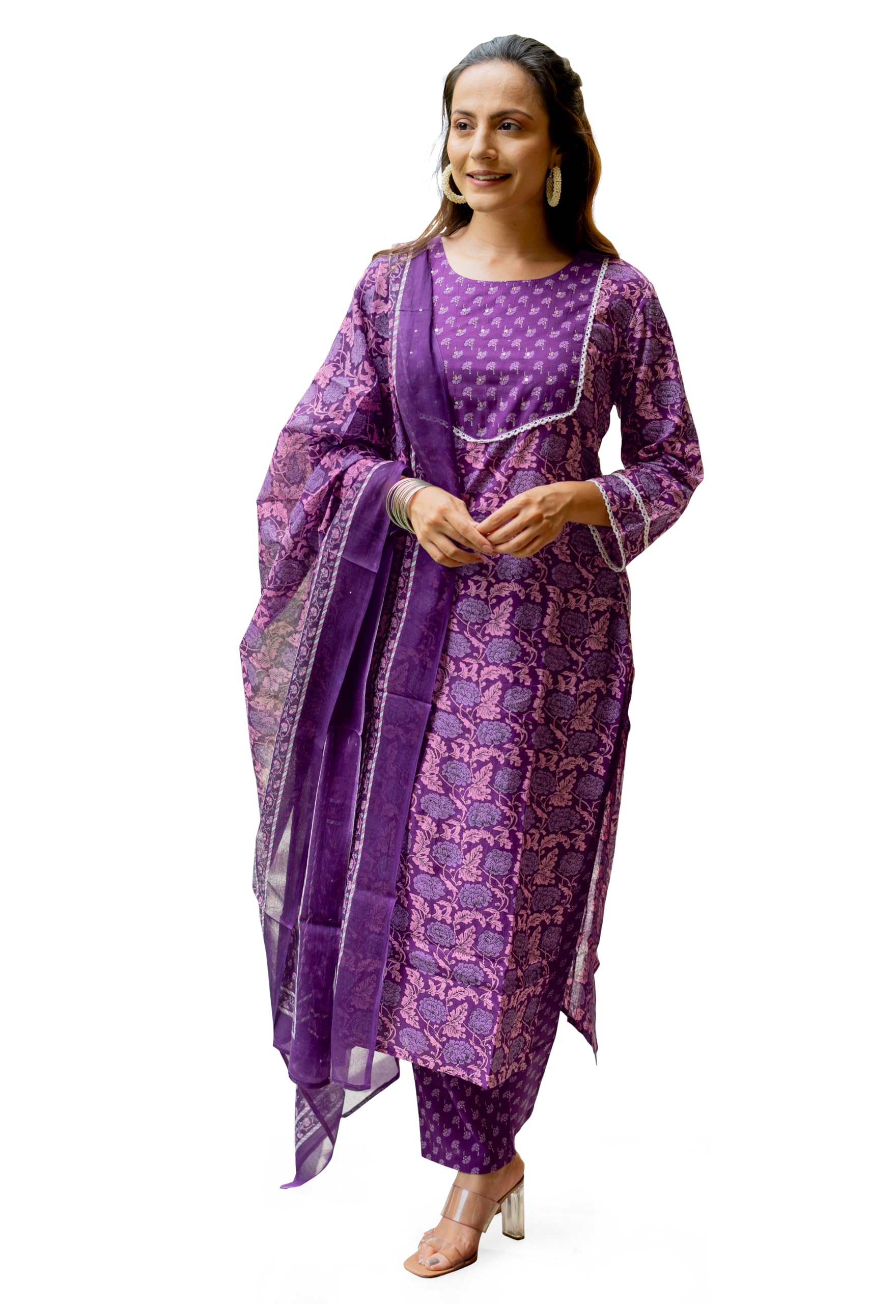Women's Designer Straight Fit Cotton Printed and Embellished Kurta Set with Trouser Pant and Dupatta-image-40