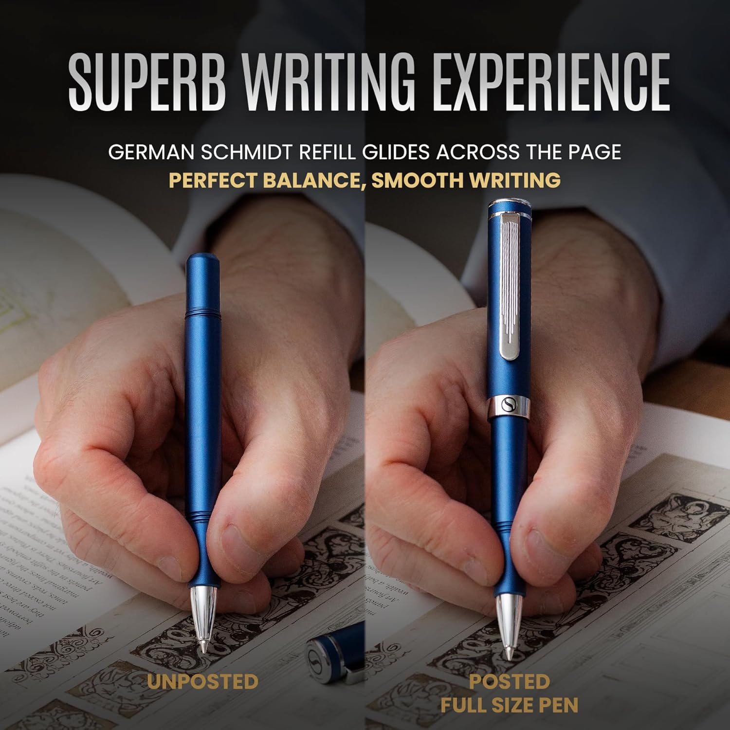 Scriveiner Blue Rollerball EDC Luxury Pen, Stunning Pocket Pen with Chrome Finish, Cool Writing Pen, Best Gift for Men & Women, German Schmidt Refill, Nice Present, Fancy Office Designer