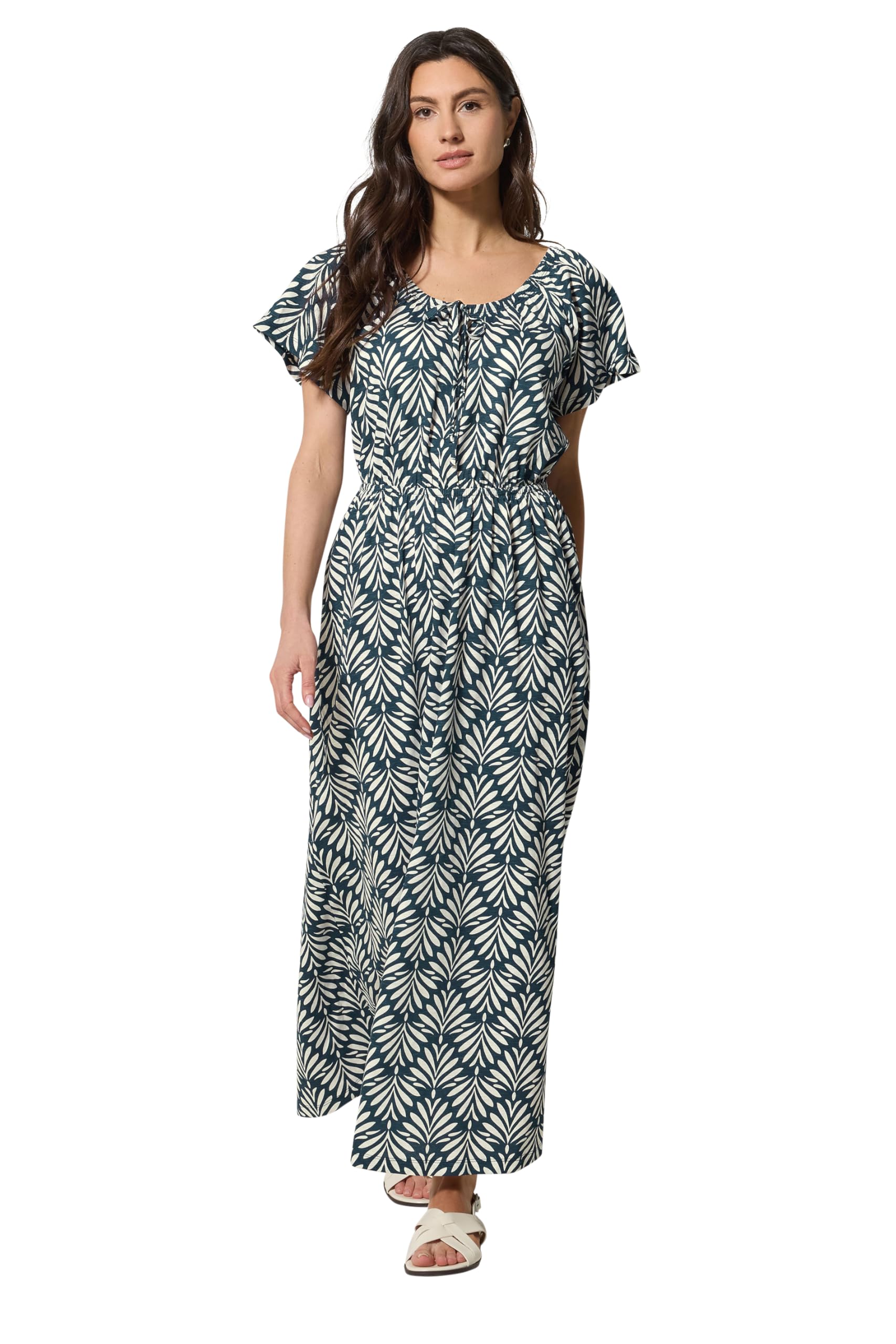 M&Co Women's Leaf Print Tie Neck Cotton Maxi Dress in Mid Navy | Size: 18
