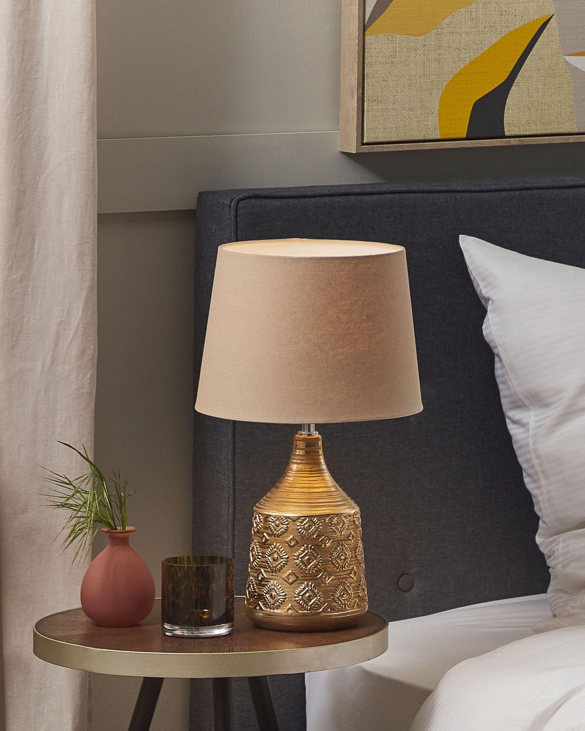 Beliani Tischlampe 47 cm Keramik Stoffschirm beige/braun Kabel mit Schalter Retro Wari