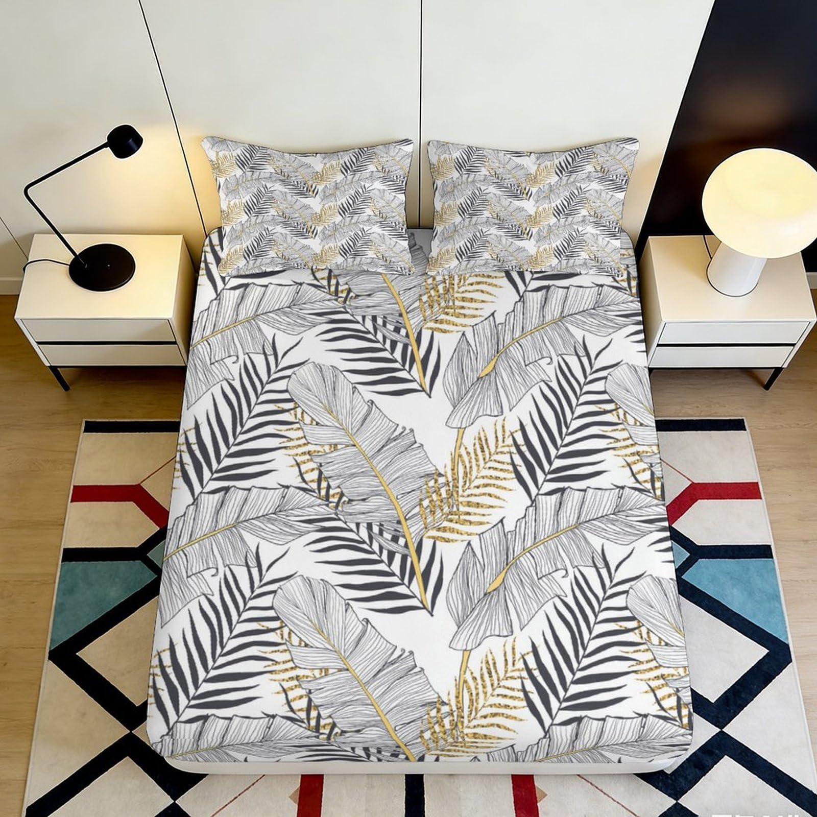 3D Printed Tropical Leaves Fitted Sheet Microfiber Soft Breathable Gold Palm Bed Cover for Bedroom Dormitory Guest Room Mattress Protection 120x200x25cm