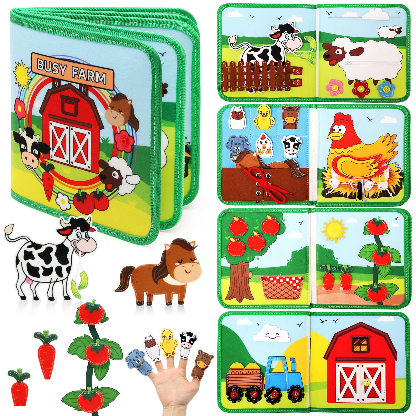 LEADSTAR Quiet Book Montessori zabawka dla małych dzieci, 18 w 1, z motywem gospodarstwa, sensoryczna książeczka Busy Book do podróży, samochodu, samolotu, motoryki precyzyjnej, zabawka Montessori od