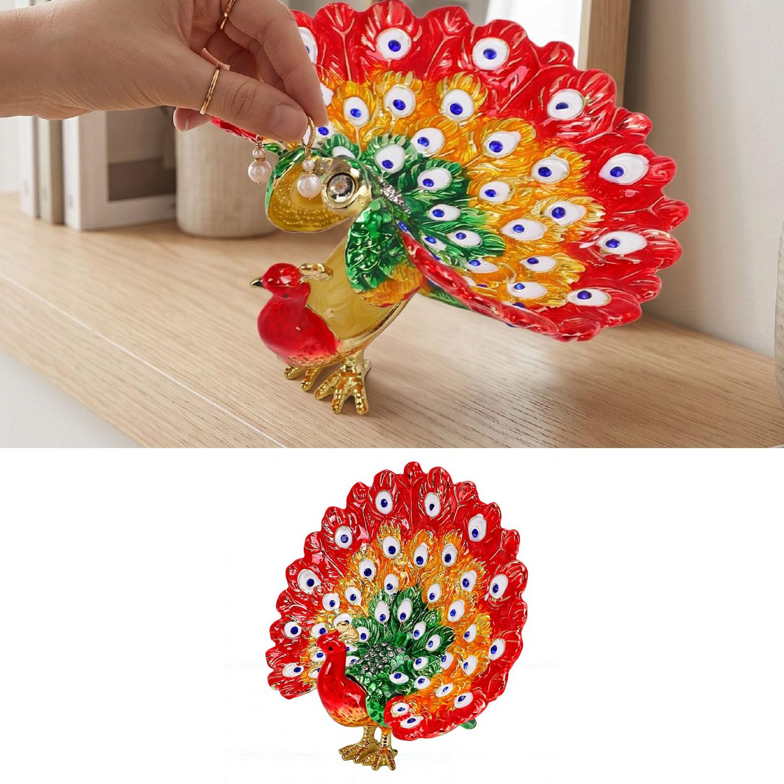 Luocute Caja de Baratija de Pavo Real Esmaltada, Joyero Pintado a Mano con Diamantes de Imitación y Cierre Magnético, para Decoración del Hogar (rojo)