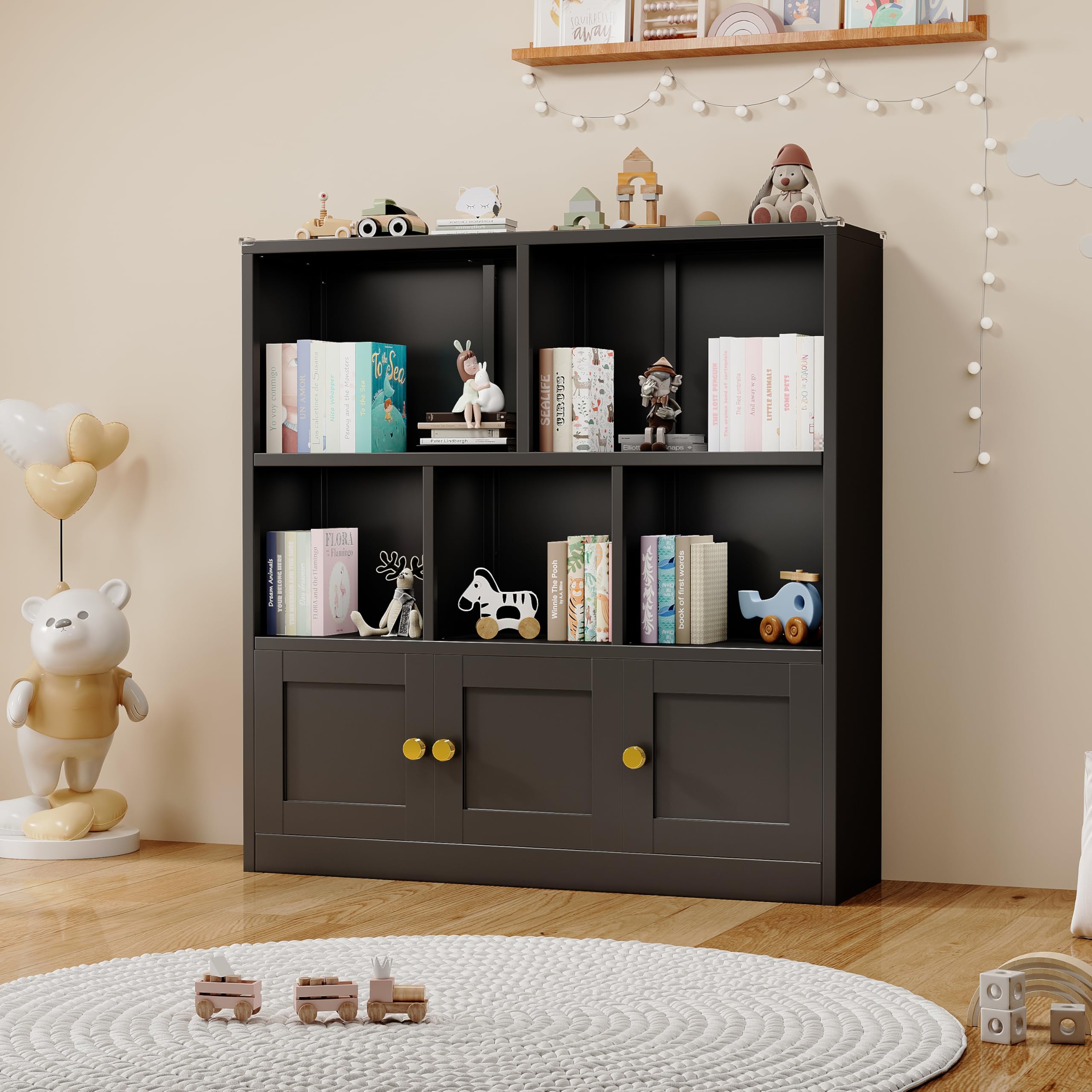 Kids Bookshelf and Toy Storage Organizer with 3 Cabinet and 5 Open Cubbies，Kids Toys Storage Organizer Shelf with Corner Guard，Multifunctional Floor Chest for Playroom and Kid's Room（Black）
