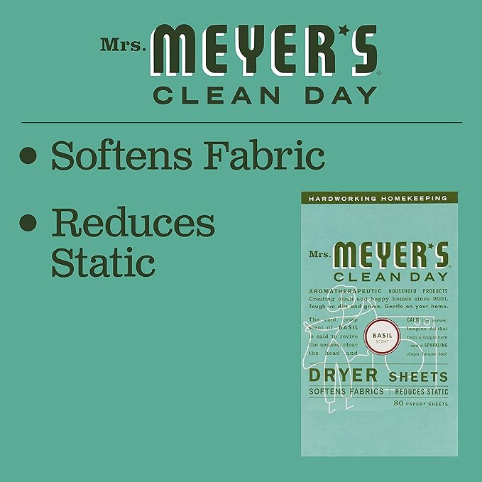 MRS. MEYER'S CLEAN DAY Dryer Sheets are a convenient and natural alternative to traditional fabric softeners that are often filled with synthetic ingredients. With their plant-based formula and essential oil-infused scent, these dryer sheets provide a safe and effective way to care for your clothes while minimizing your exposure to harmful chemicals. Upgrade your laundry routine with MRS. MEYER'S CLEAN DAY Dryer Sheets for a more eco-friendly and fragrant experience. Description by ChatGPT.