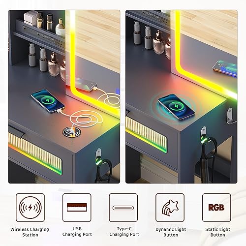 Miniatura 4 de Escritorio de tocador con espejo y luces, escritorio de maquillaje LED RGB con estación de carga, juego de tocador con taburetes y espejo táctil