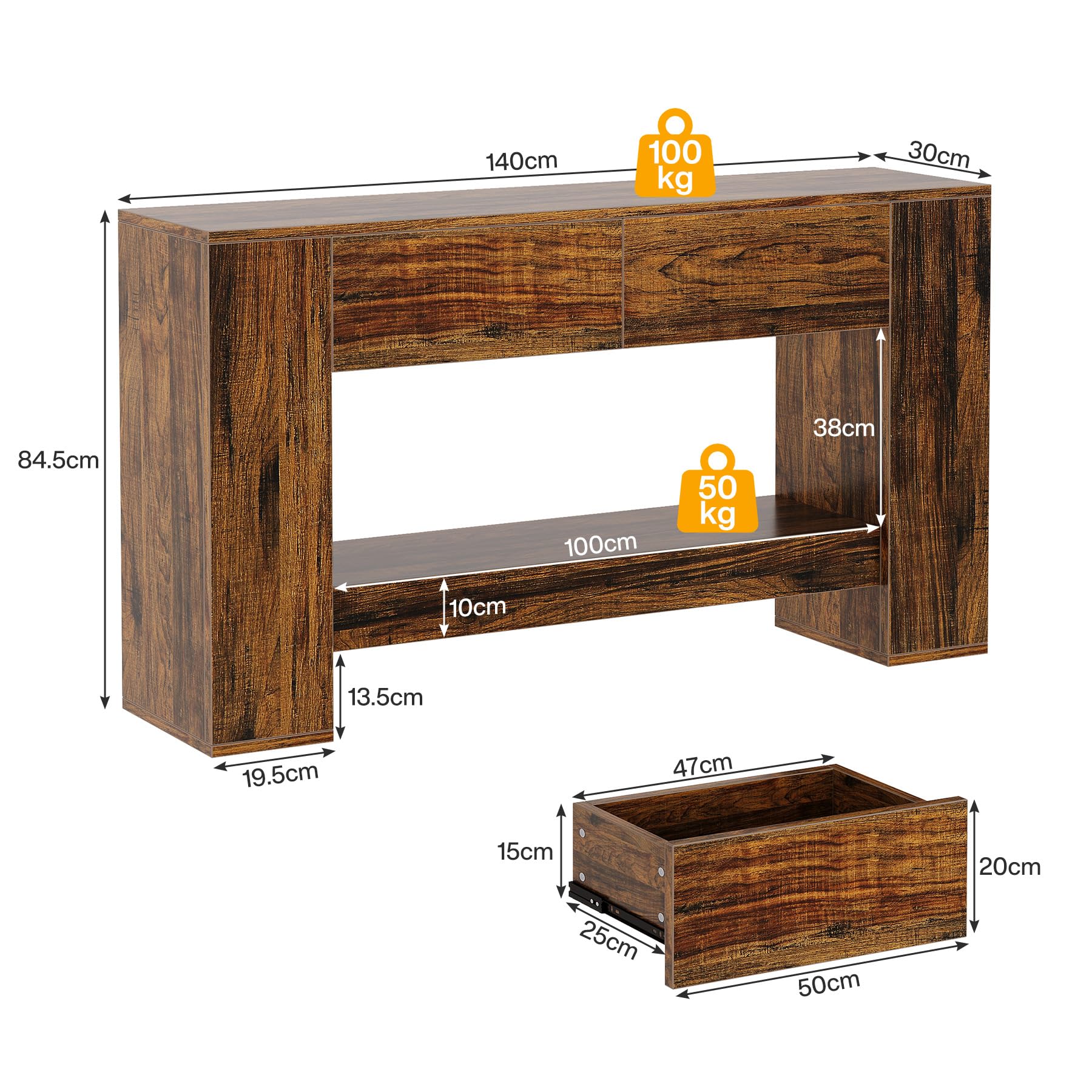 Tribesigns Mesa Consola Rústica Marrón con 2 Cajones, Mesa Consola Estrecha de 2 Pisos 140cm para Salón, Recibidor, Entrada