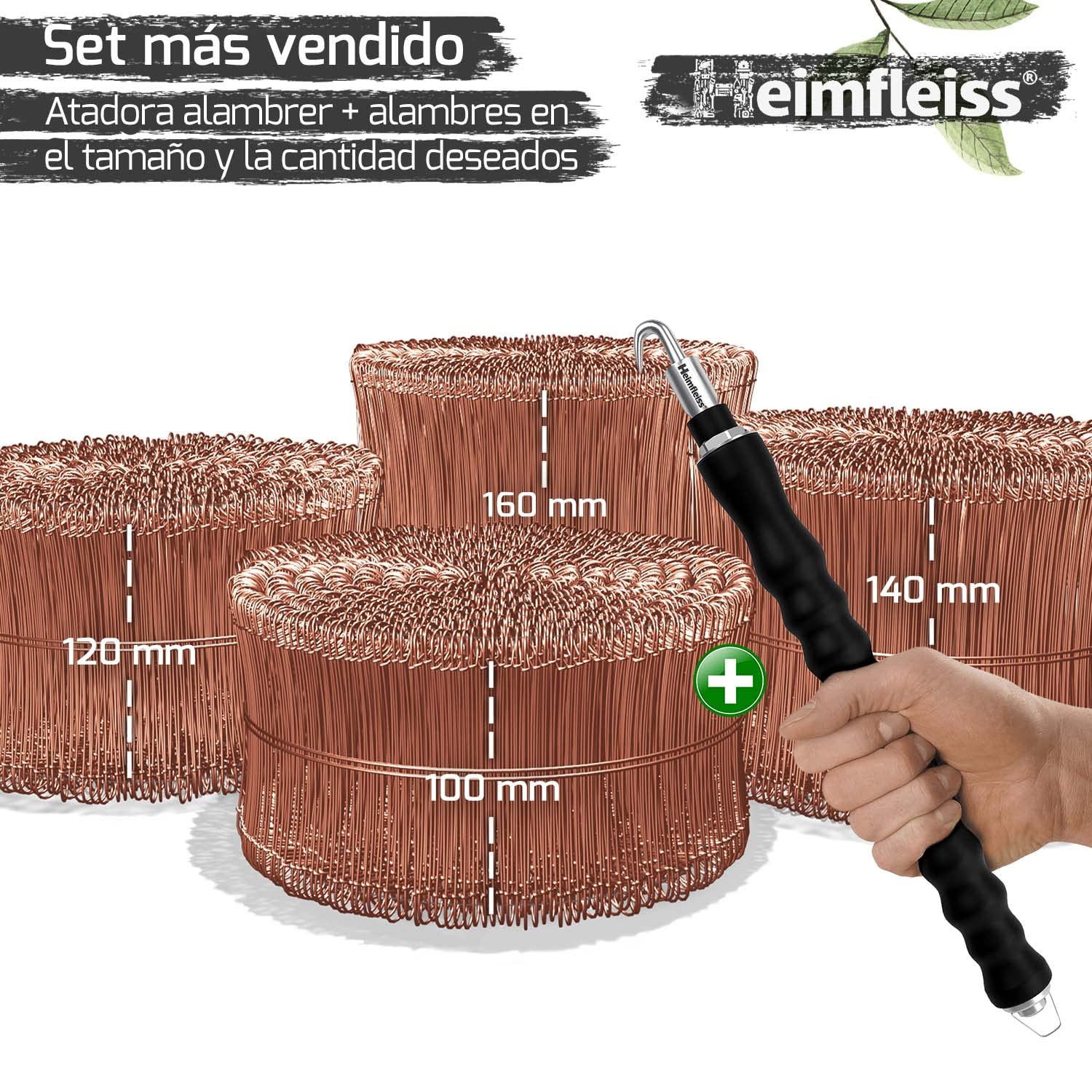 Heimfleiss® atadora alambre + alambre de sujeción cobreado 1,0 x 100-160 mm (1000 uds.) - Set trenzador alambre, amarrador de alambre y alambre de sujeción - Atador alambre, alambre de torsión de ojal
