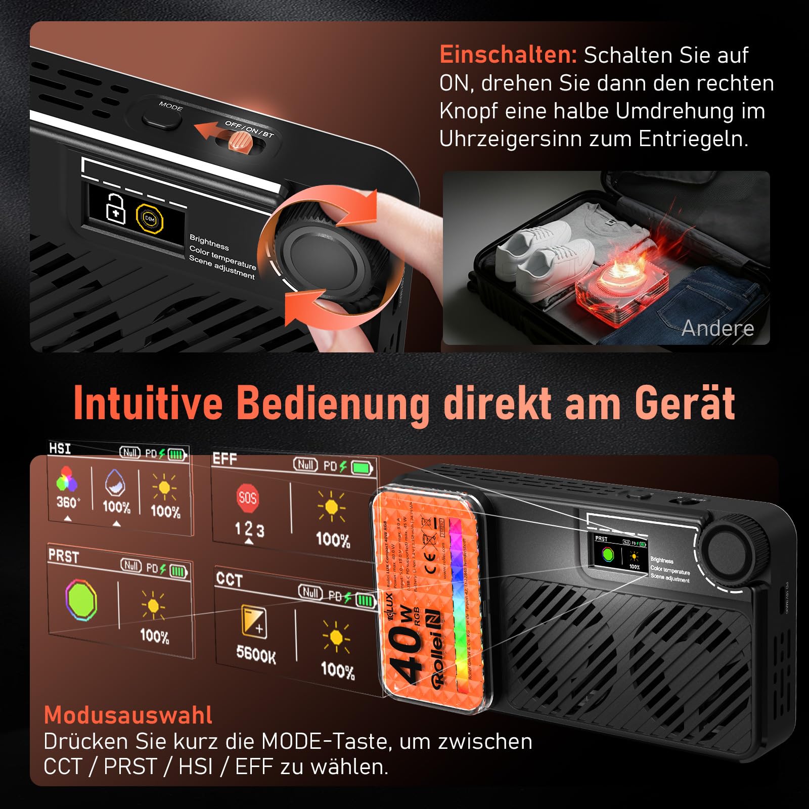 Rollei LUX Compact 40W RGB Led Videoleuchte mit Eingebautem Akku