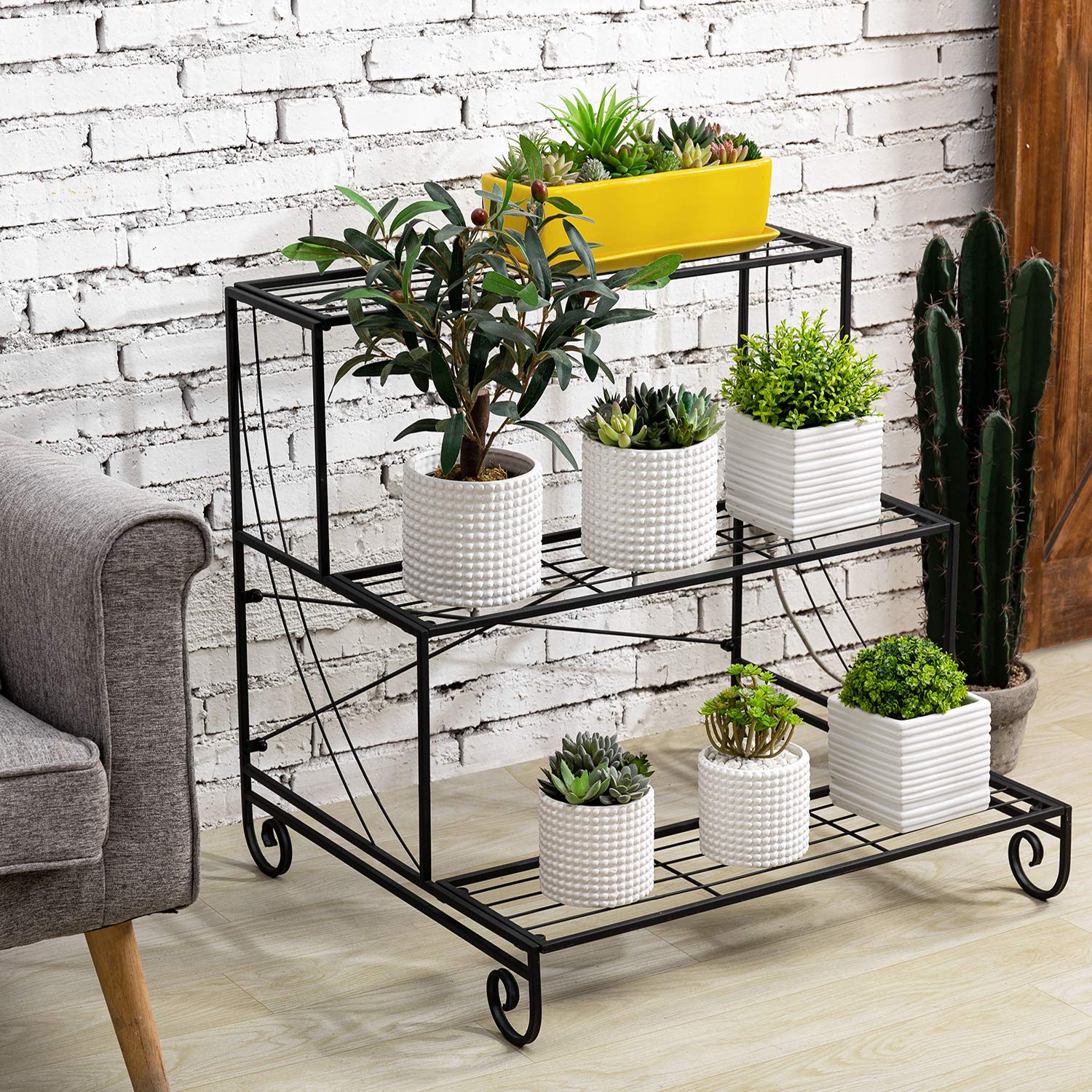 MyGift 3 Tier Decorative Black Metal Plant Stand/Planter Holder/Multi