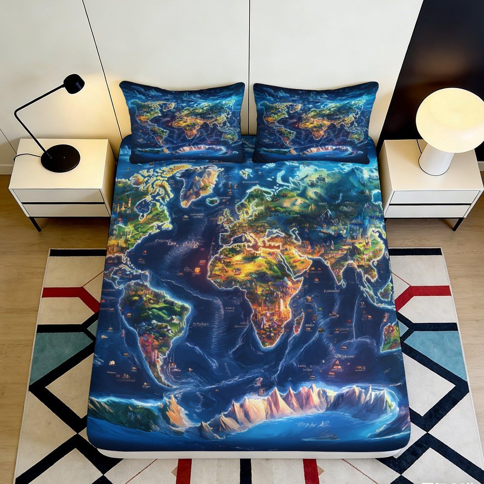 3D Printed World Map Fitted Sheet Microfiber Soft Breathable Earth Continent Bed Cover for Bedroom Dorm Decor 90x200x25cm