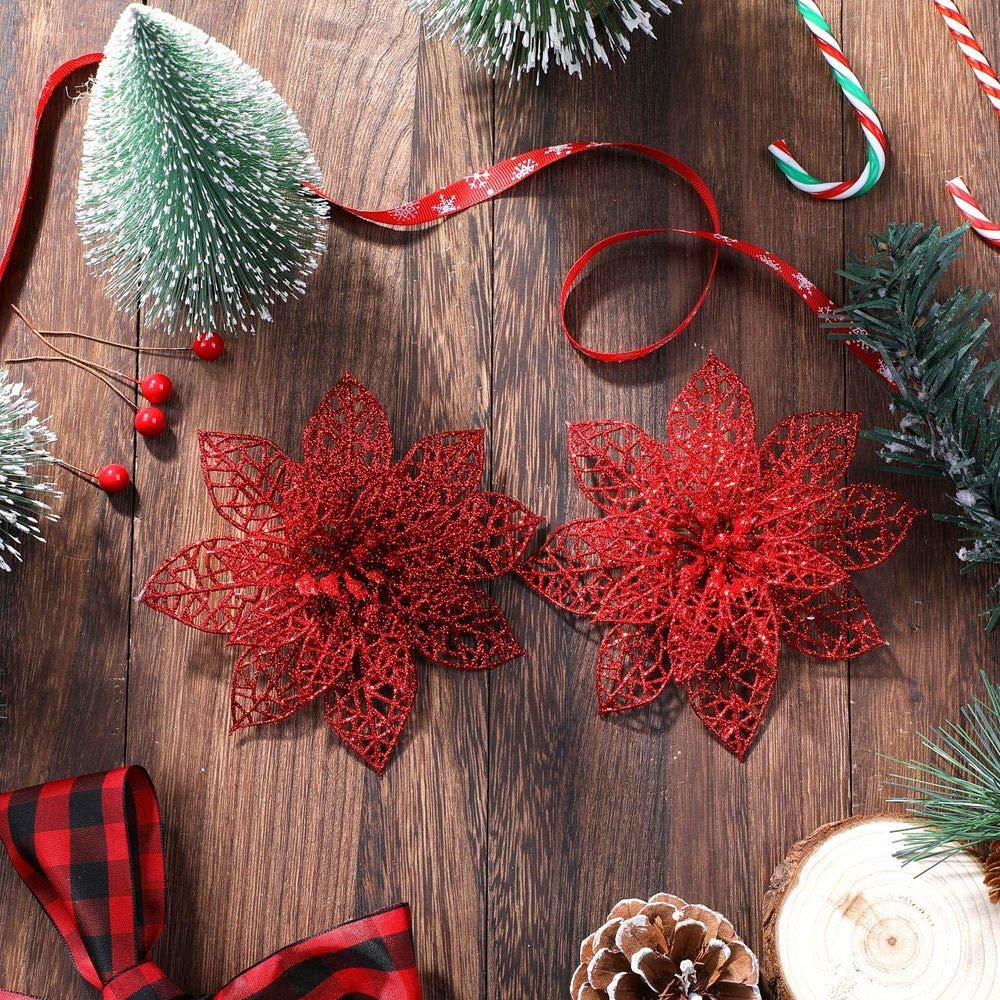 20 Stelle Di Natale Artificiali Con Brillantini - Diametro 8 Cm - Blu Lago - Per Albero, Ghirlande E Centrotavola