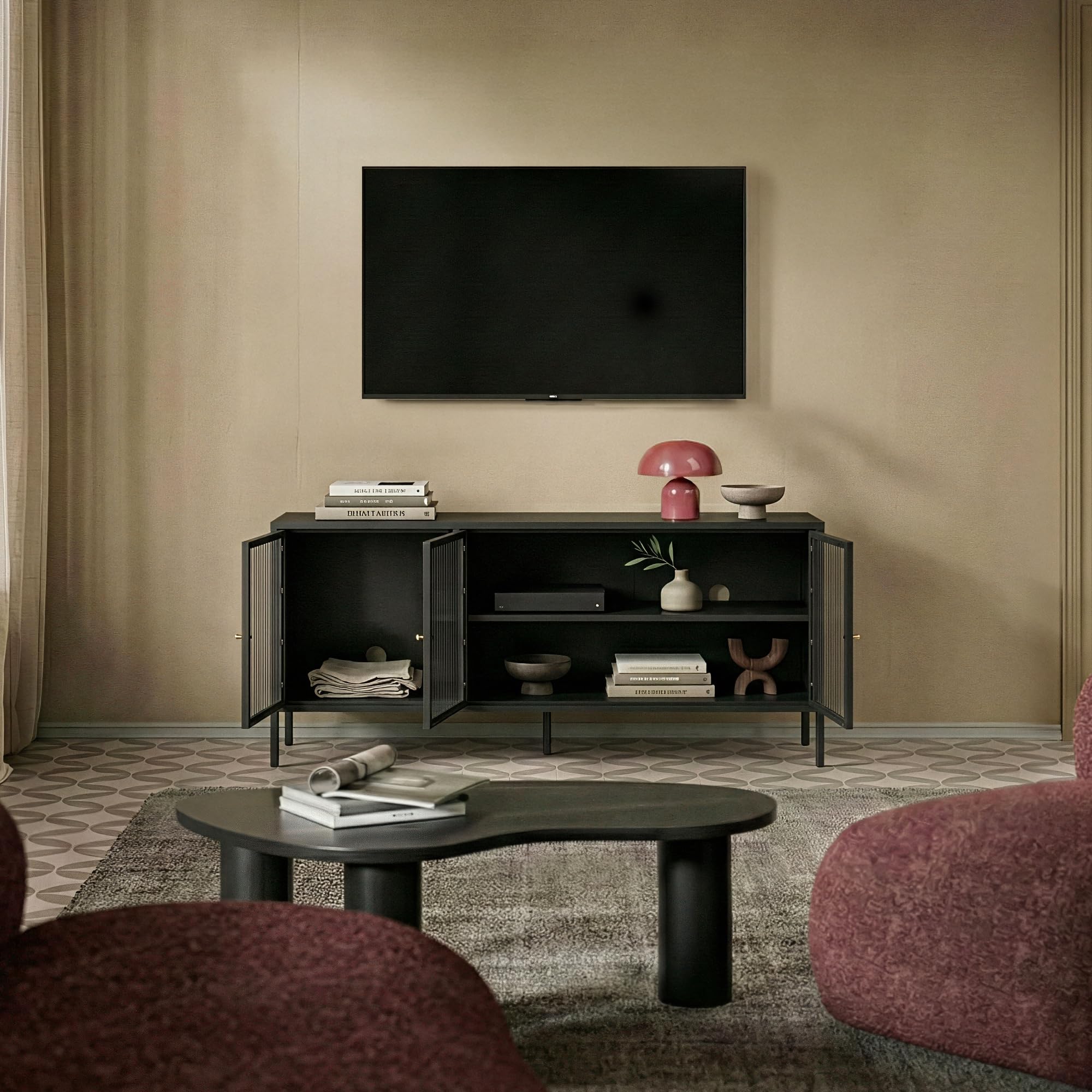[en.casa] Mobile TV Credenza Industriale in Acciaio Nero con 3 Ante in Vetro Scanalato Madia Moderna per Soggiorno con Ripiani e Passacavi 80x150x40 cm