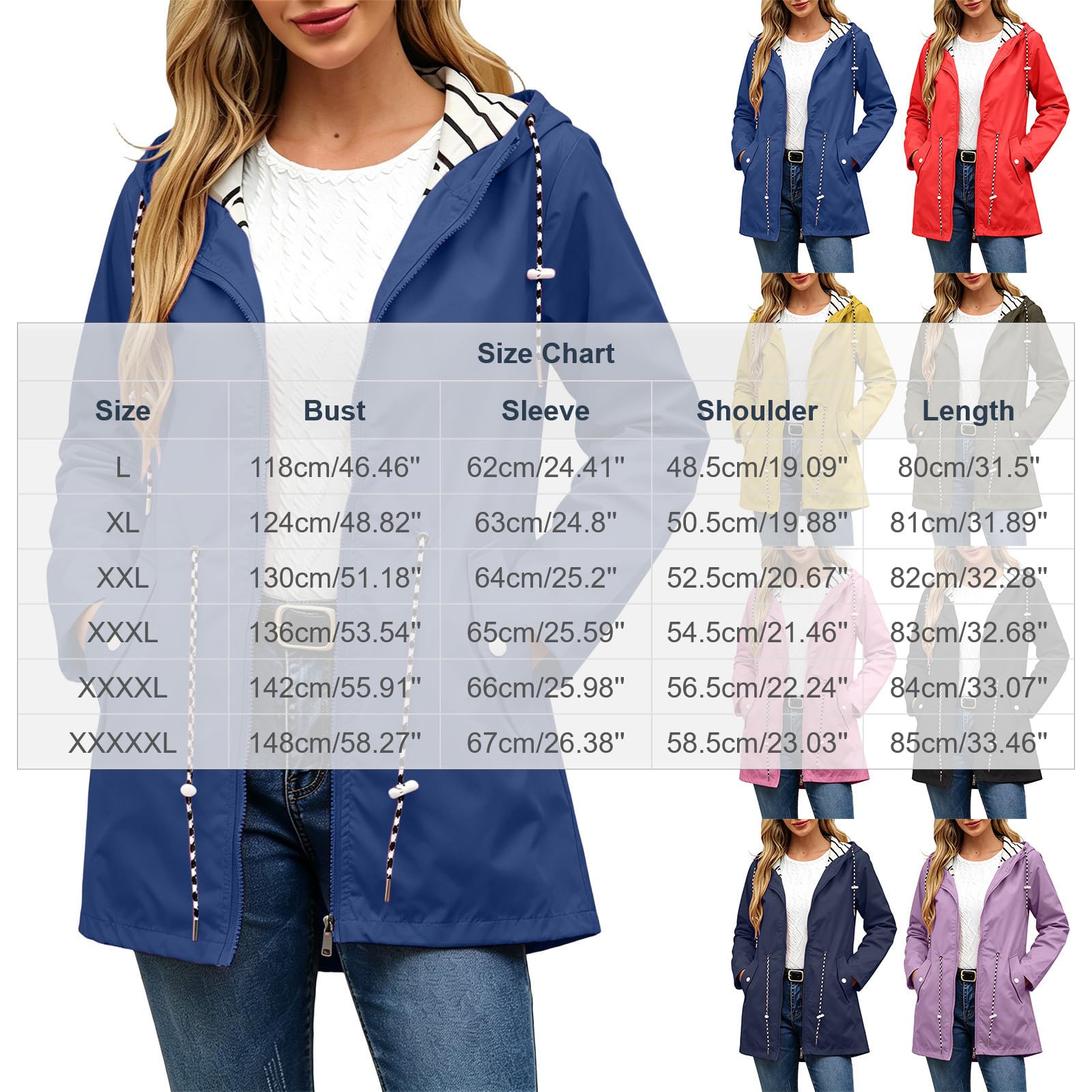 Regenjacke Damen Lang Wasserdichte Atmungsaktive Kapuzenjacke Gestreiftem Gefütterte Regenmantel Winddichte Outdoorjacke Rain Jacket mit Kapuzen Zipper Jacke Leichte Übergangsjacke Dünne Winterjacke