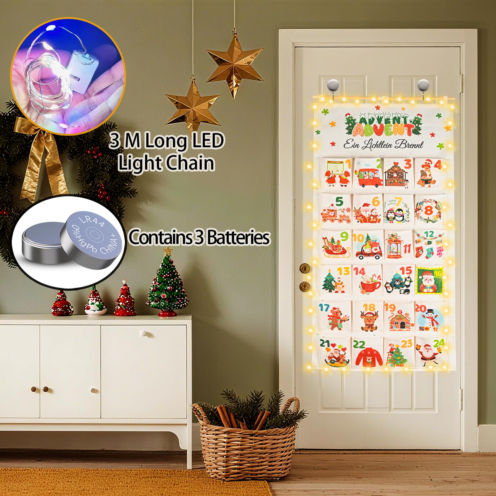 Adventskalender zum Befüllen Stoff mit 3M Lichtkette,120 * 60cm Adventskalender 2025 Selber Befüllen mit 24 Taschen,Wiederverwendbare Geschenke Weihnachten,Deko Wohnzimmer
