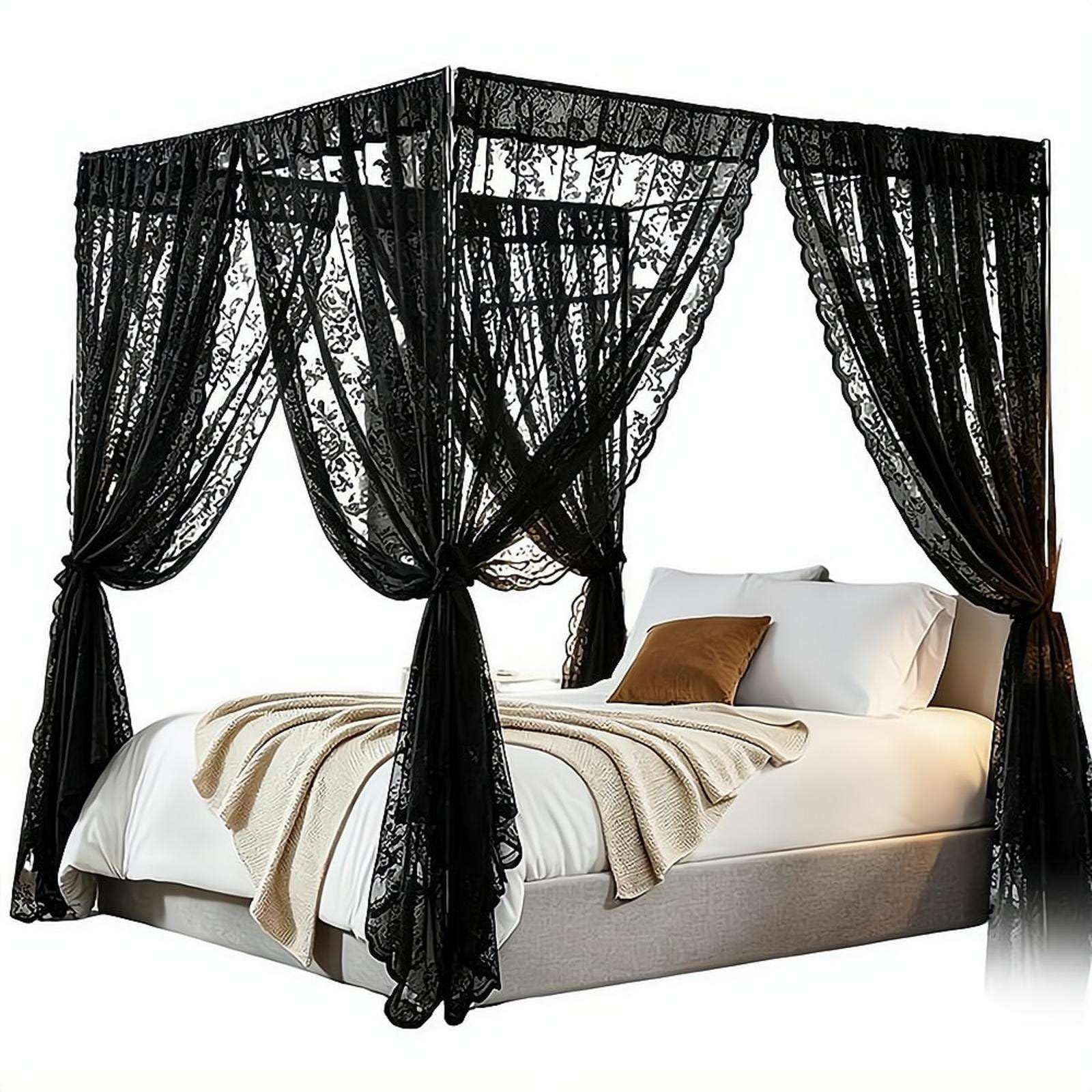 Lace Canopy Beds Curtains Set, Queen Size Lace Canopys Curtains for Beds, 8 Pack 39x79 Inch No Pole Required, Romantic Bed Canopy Drapes for Girls Women, Cute Bedroom Decor for Queen King Bed (Black)