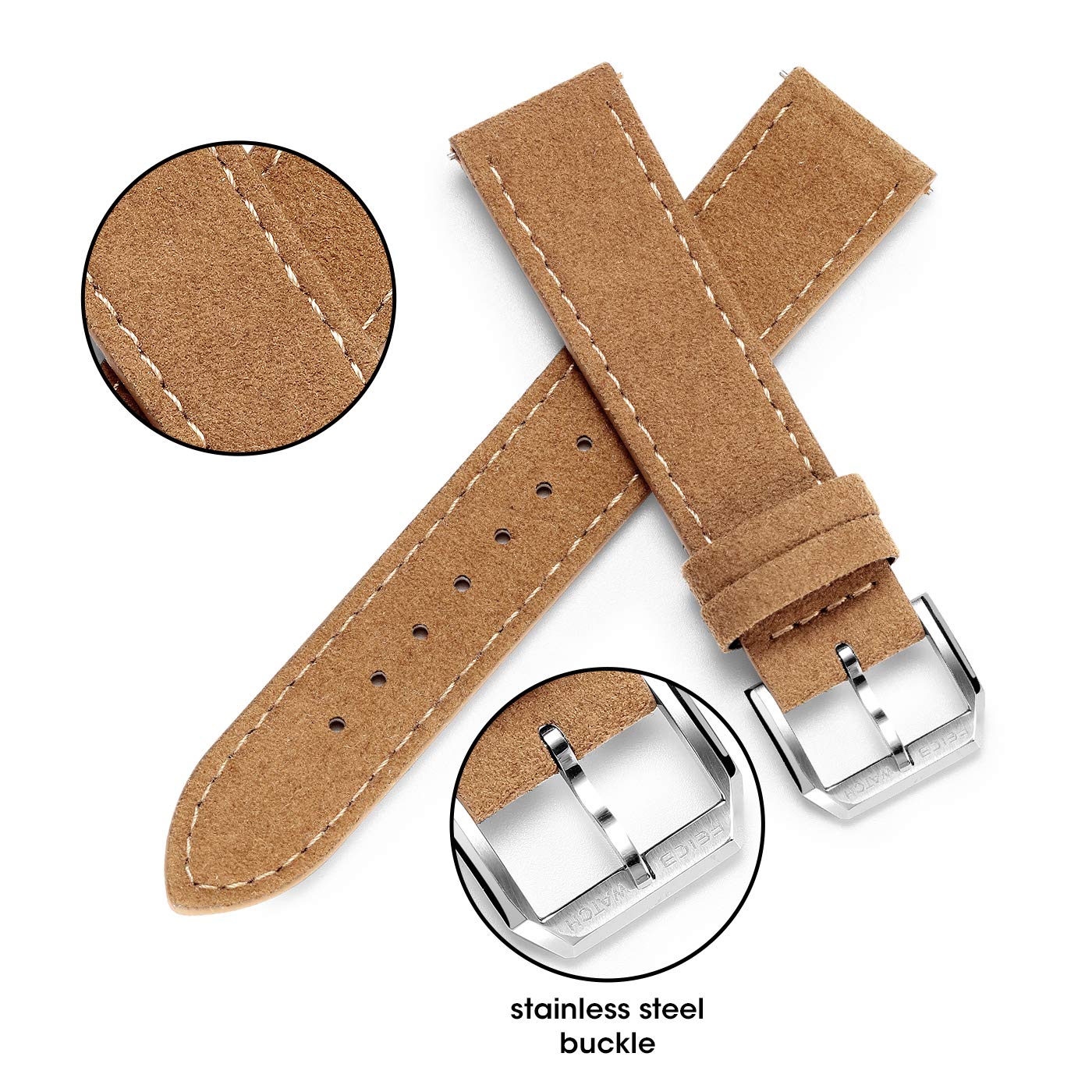 FEICE Brown Genuine Leather Watch Band Calfskin Watch Strap for Men -20mm